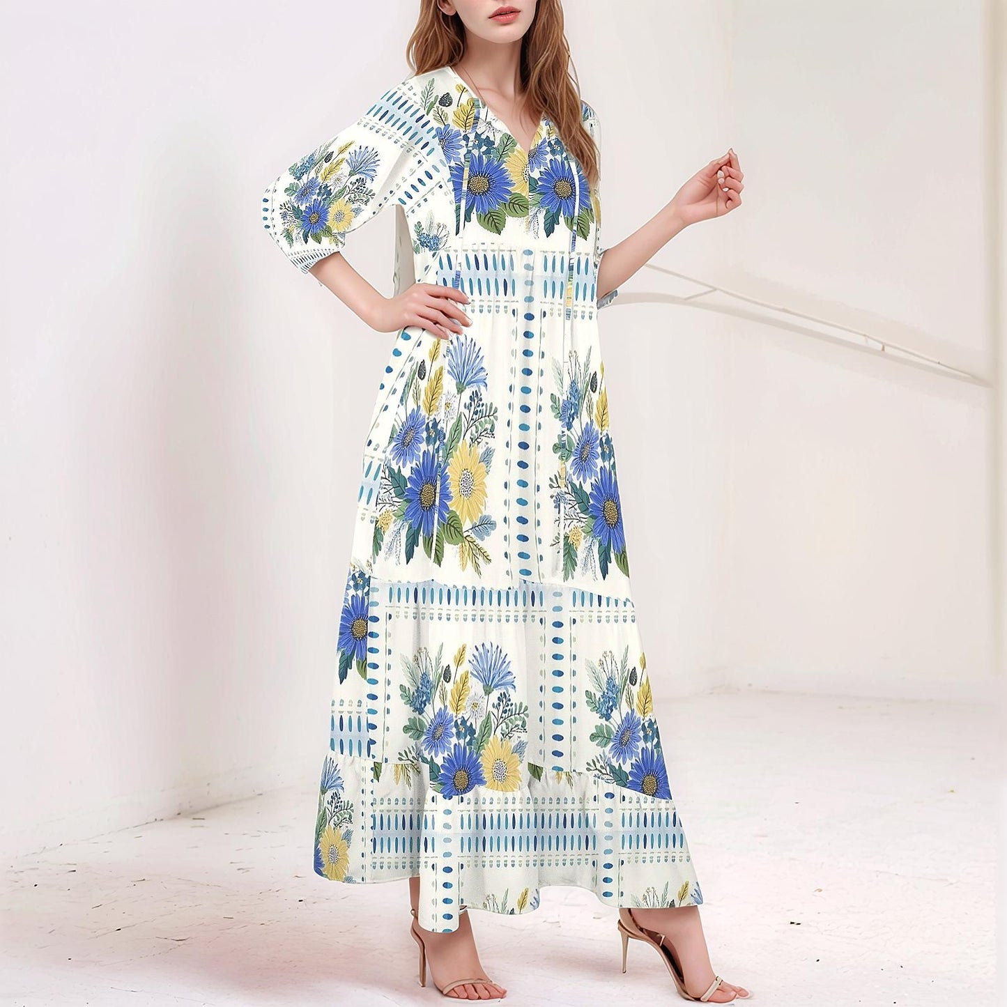 Womens Floral Half Sleeve V Neck Maxi Dress | Perfect for Spring and Summer | Elegant and Versatile for Any Occasion