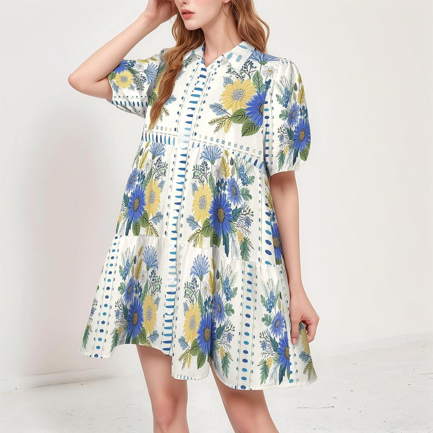 Women's Floral Short Sleeve Tiered Button Down Shirt Dress | Casual Boho Style | Easy Spring Summer Outfit