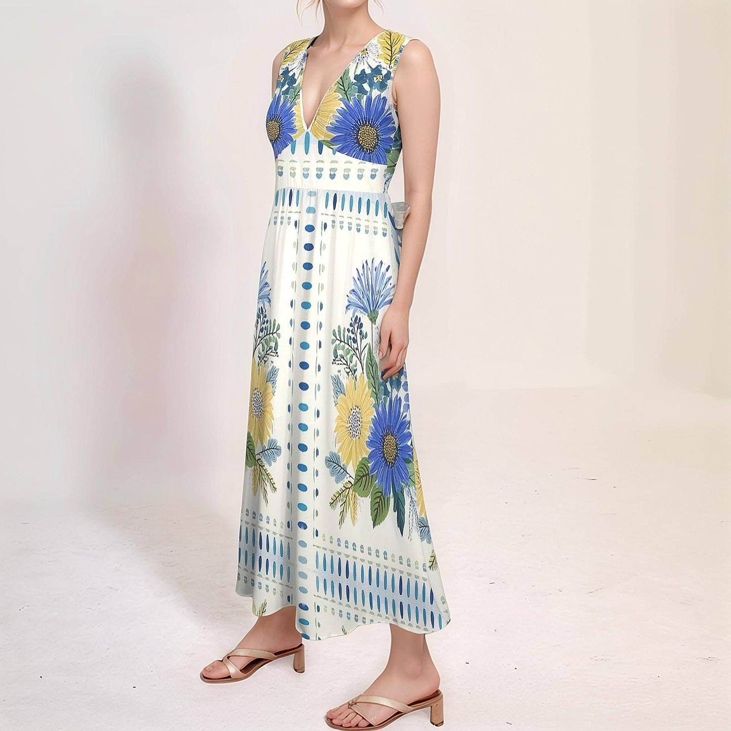 Womens Floral V Neck Sleeveless High Waist Maxi Dress | Stylish and Elegant | Perfect for Spring and Summer | Comfortable and Trendy
