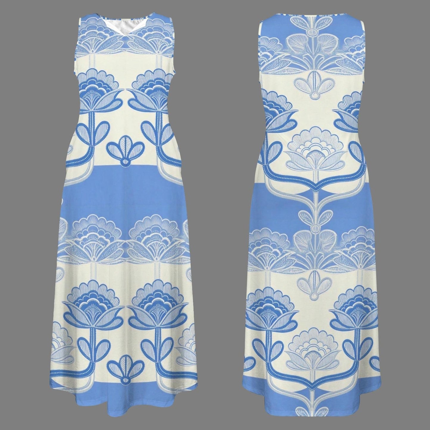Women's Floral V-Neck Maxi Dress | Blue and White Floral Dress | Summer Spring Dress | Comfortable Casual Maxi Dress for Women