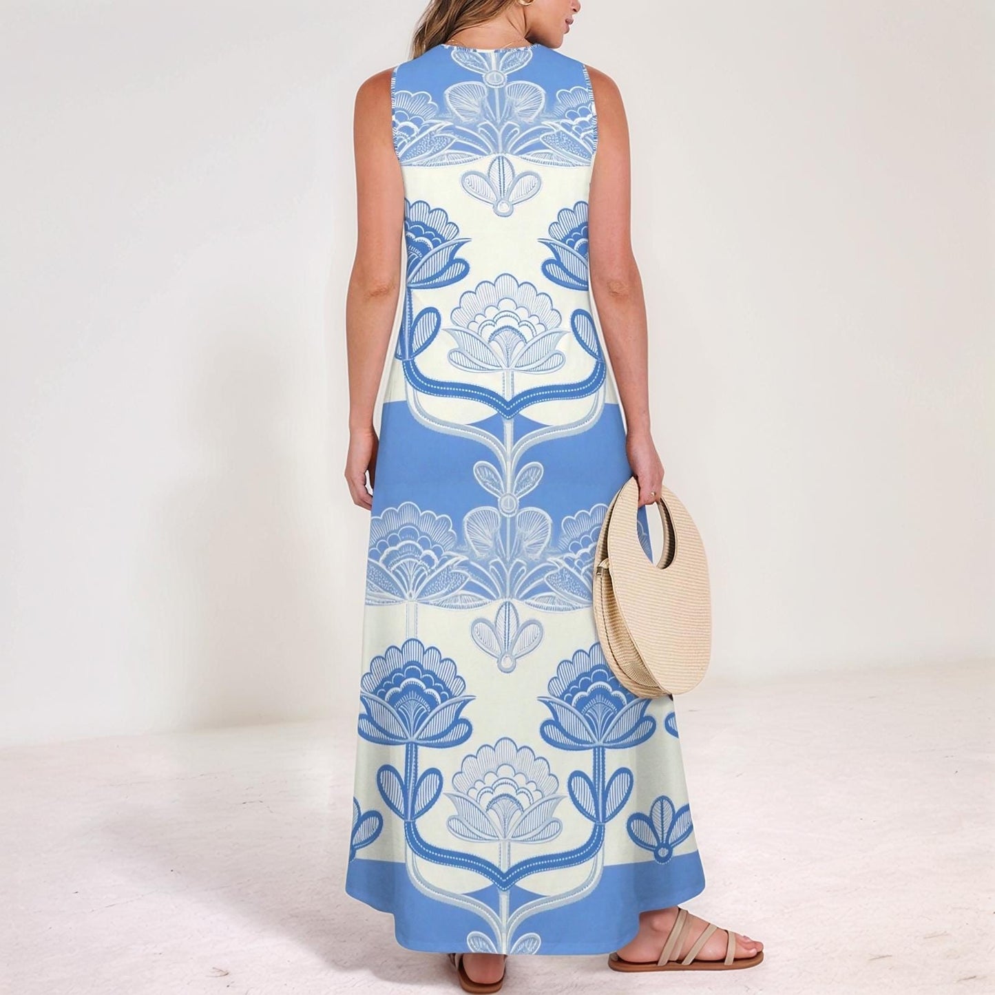 Women's Floral V-Neck Maxi Dress | Blue and White Floral Dress | Summer Spring Dress | Comfortable Casual Maxi Dress for Women