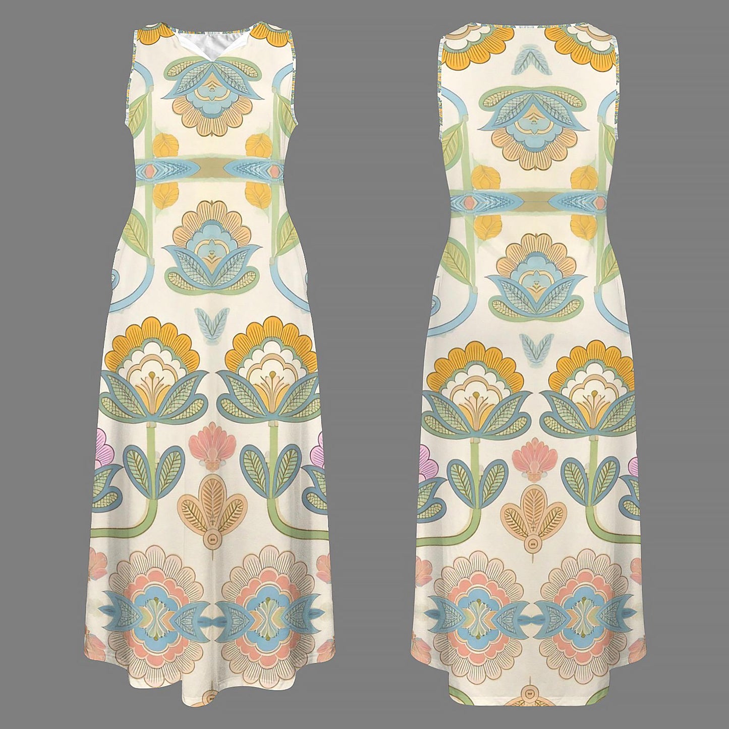 Women's Floral Sleeveless Maxi Dress | Colorful Spring Summer Dress | Casual Floral Dress with Pockets | Comfortable V-Neck Dress