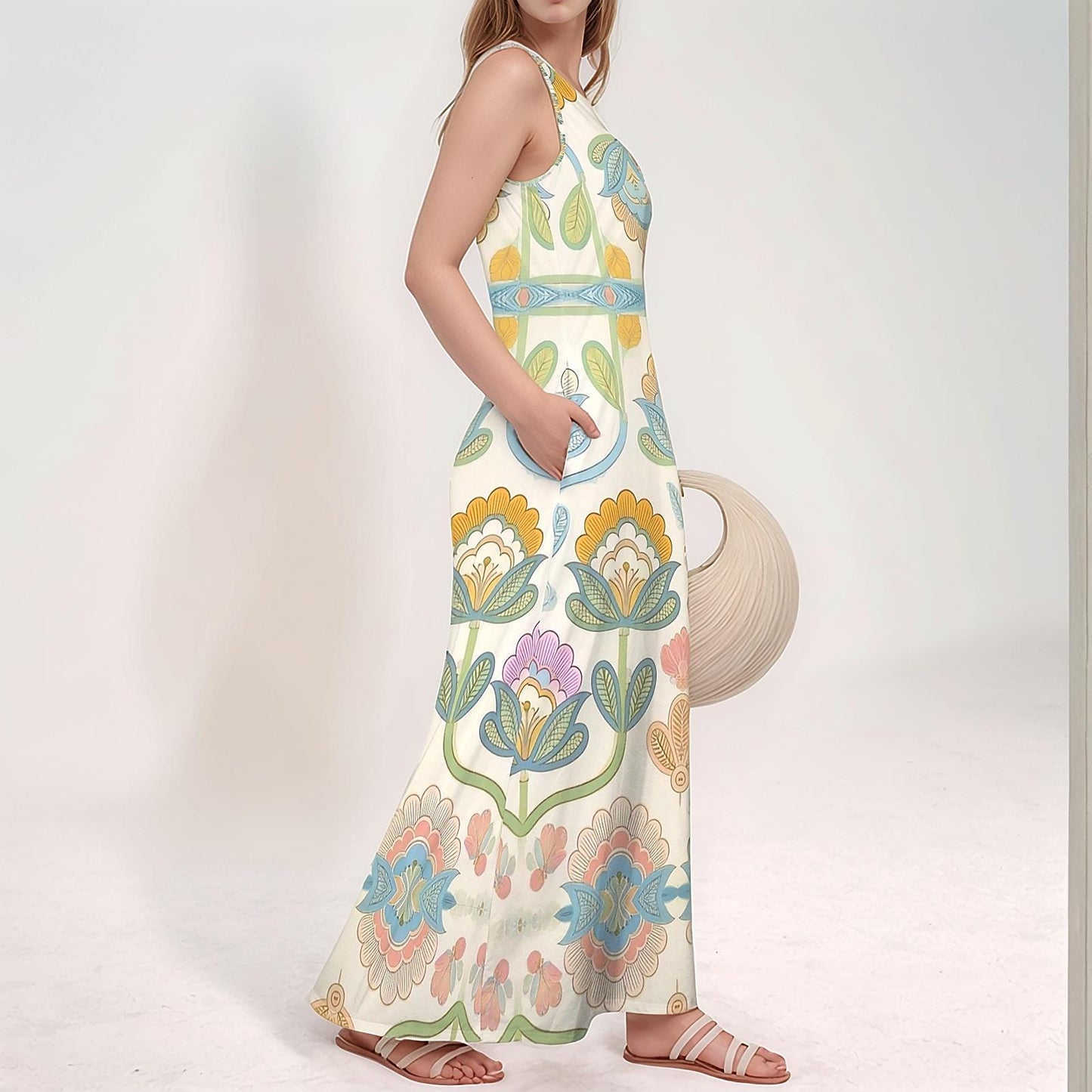 Women's Floral Sleeveless Maxi Dress | Colorful Spring Summer Dress | Casual Floral Dress with Pockets | Comfortable V-Neck Dress