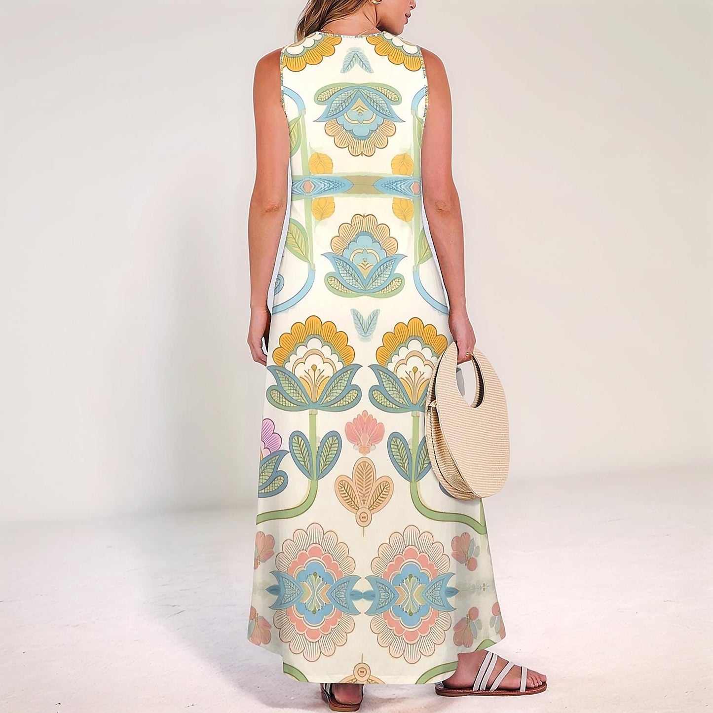 Women's Floral Sleeveless Maxi Dress | Colorful Spring Summer Dress | Casual Floral Dress with Pockets | Comfortable V-Neck Dress