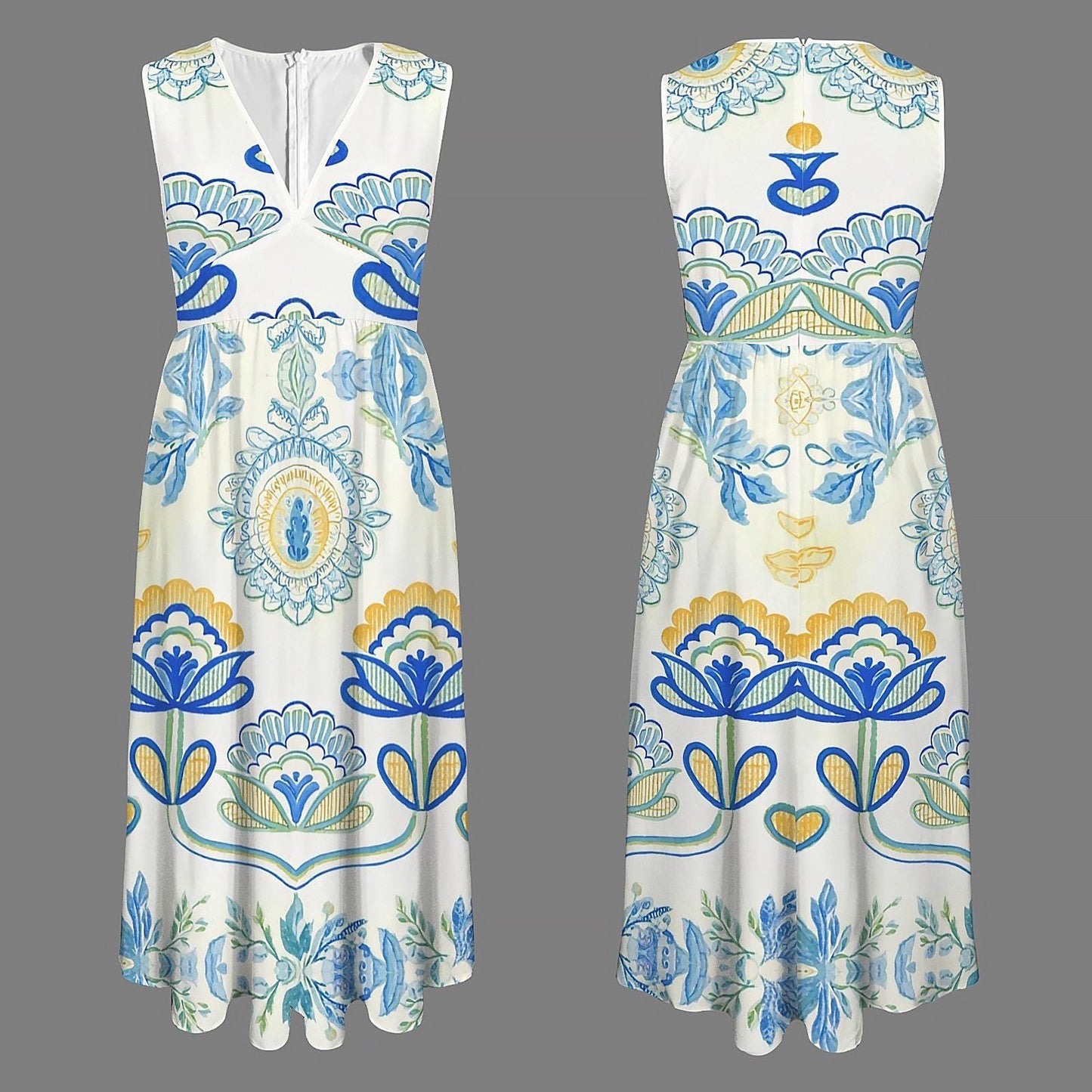 Women's Floral V-Neck Maxi Dress | Blue and Yellow Floral Print | Sleeveless Summer Dress | Comfortable and Stylish for Warm Weather