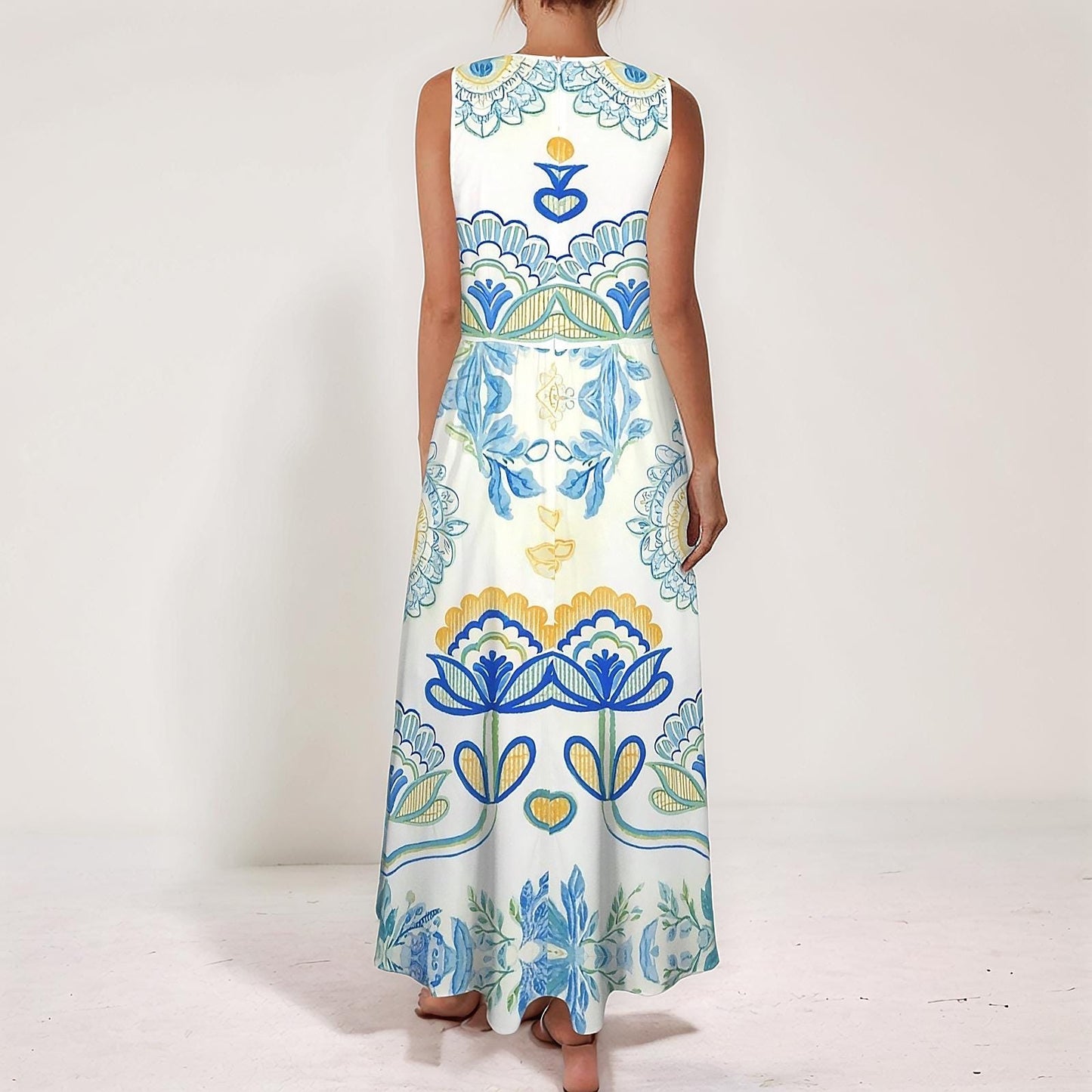 Women's Floral V-Neck Maxi Dress | Blue and Yellow Floral Print | Sleeveless Summer Dress | Comfortable and Stylish for Warm Weather