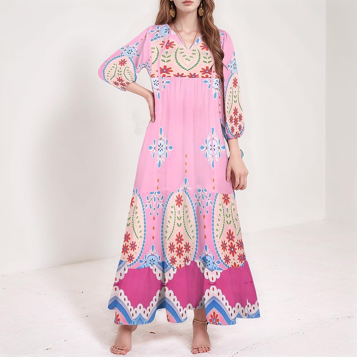 Women's Floral V-Neck Maxi Dress | Pink Boho Print Dress | Long Sleeve Casual Dress | Comfortable and Stylish for Spring Summer