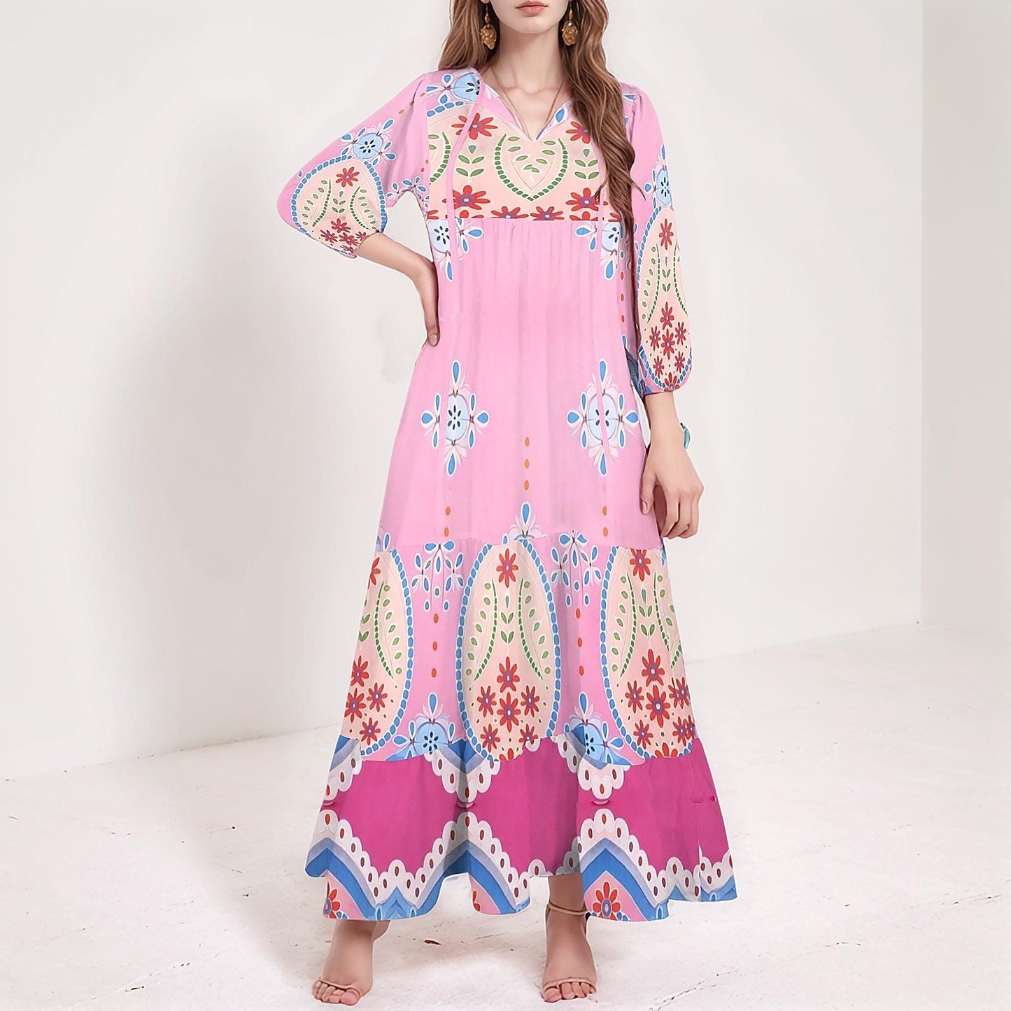 Women's Floral V-Neck Maxi Dress | Pink Boho Print Dress | Long Sleeve Casual Dress | Comfortable and Stylish for Spring Summer