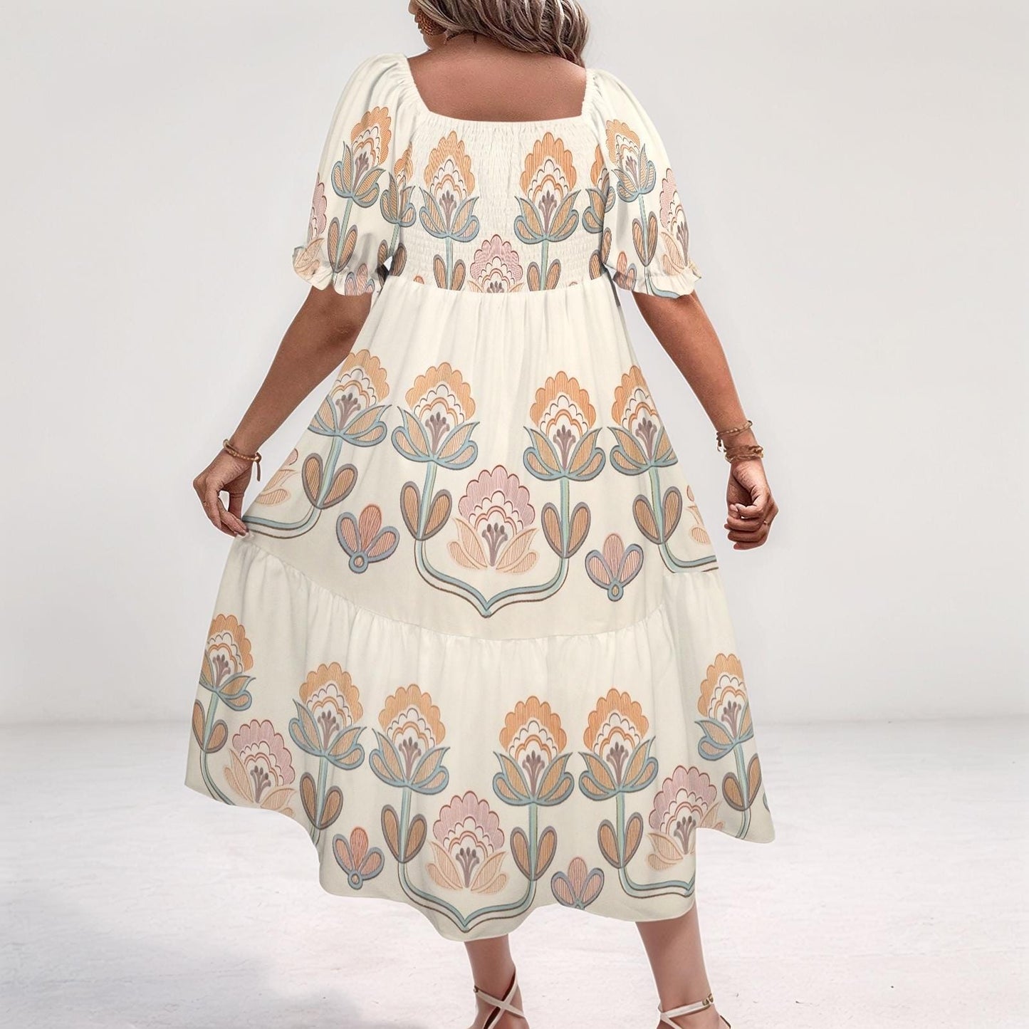Women's Floral Puff Sleeve Dress | Square Neckline Midi Dress | Casual Boho Dress | Comfortable and Stylish for Spring Summer