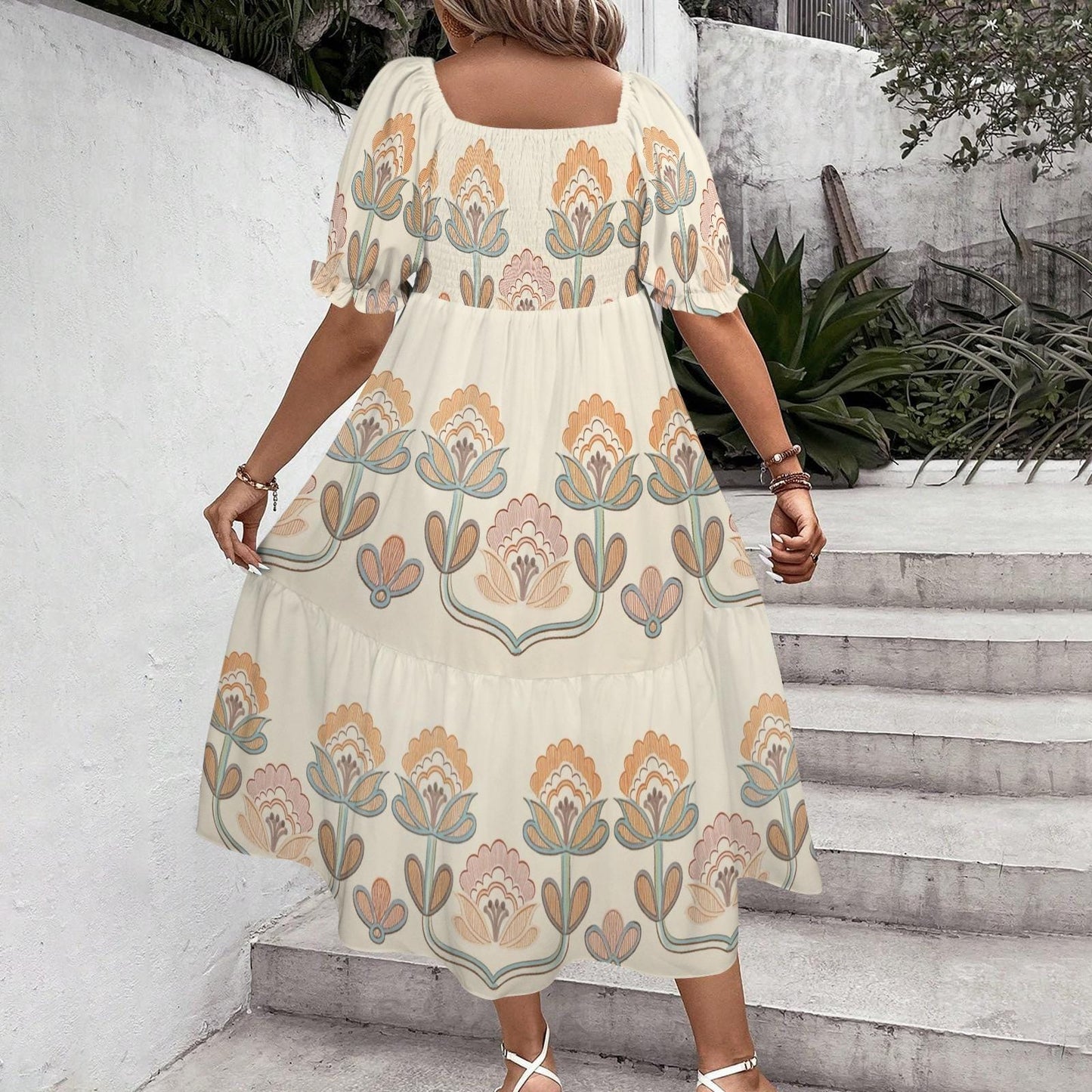Women's Floral Puff Sleeve Dress | Square Neckline Midi Dress | Casual Boho Dress | Comfortable and Stylish for Spring Summer