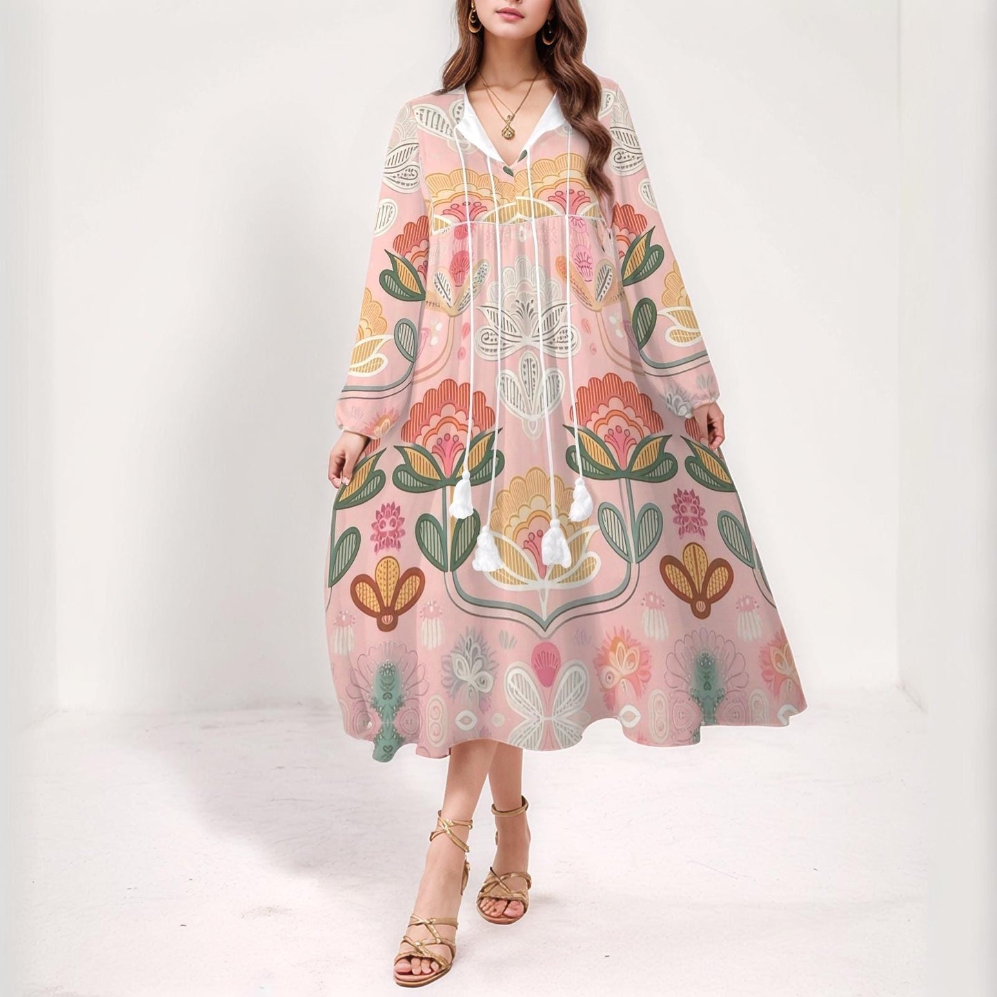 Women's Floral Long Sleeve Dress | Boho Pink Maxi Dress | Casual V-Neck Dress with Tassel Detail | Comfortable and Stylish for Spring