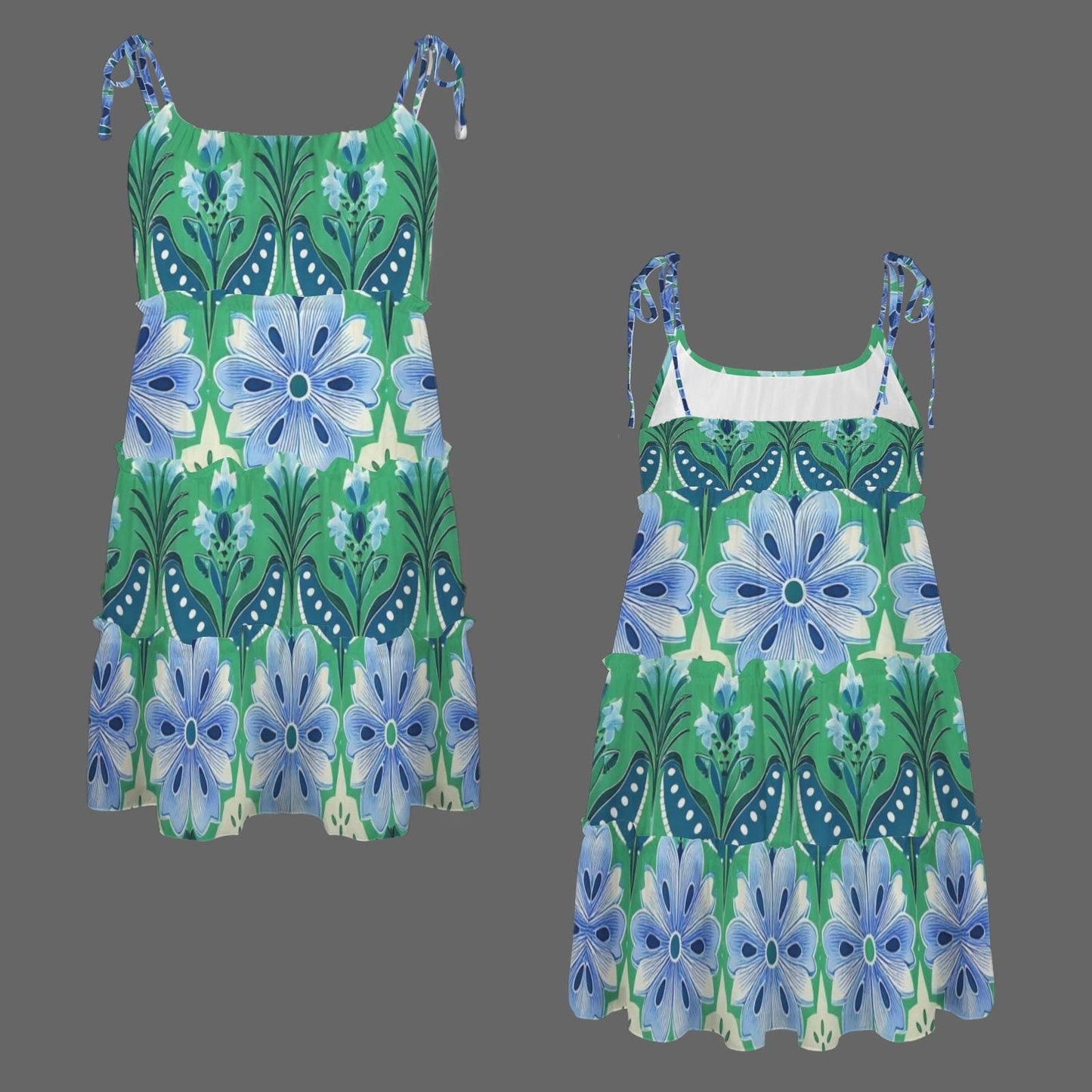 Women's Floral Spaghetti Strap Dress | Green and Blue Floral Print | Casual Summer Dress | Comfortable Sleeveless Dress for Warm Weather