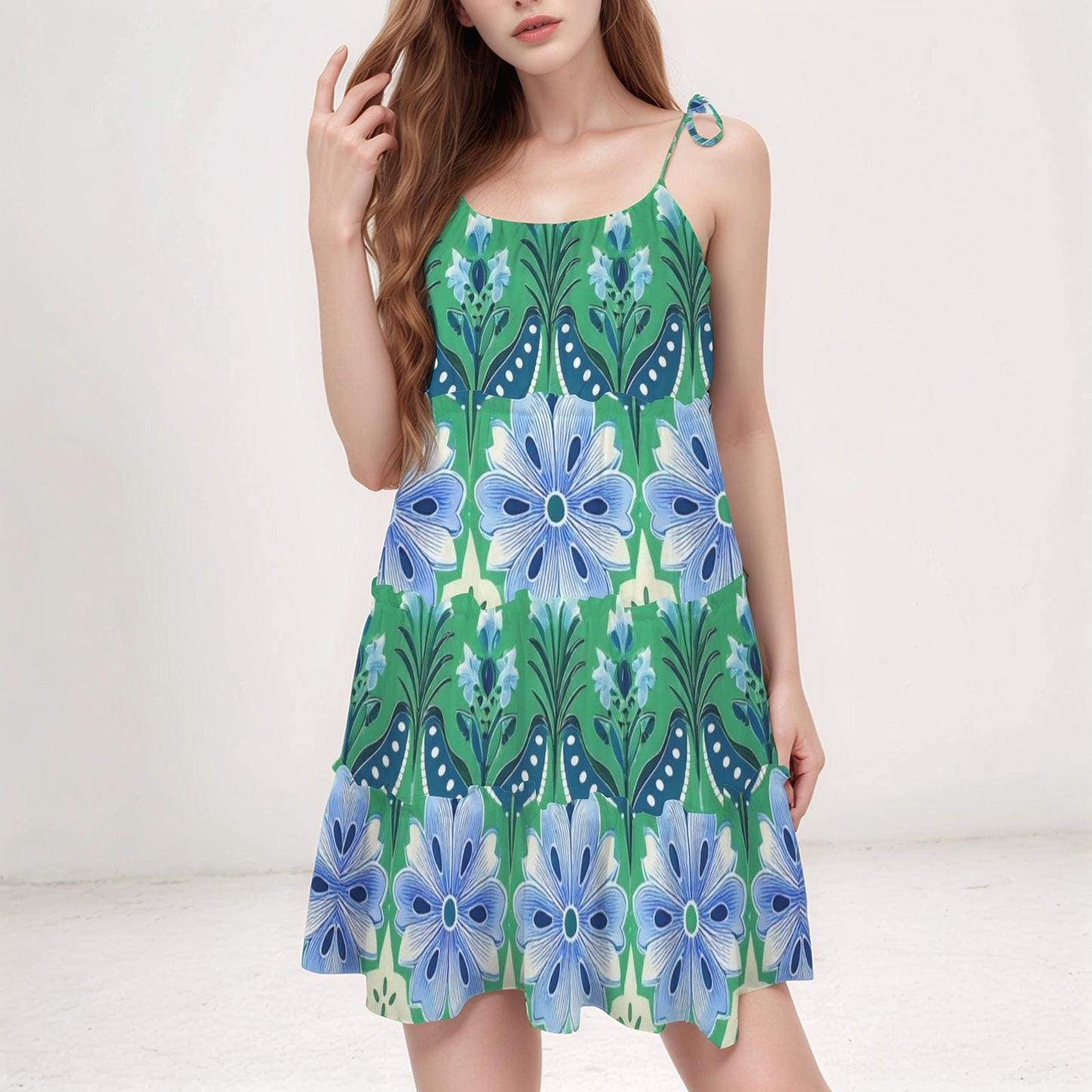 Women's Floral Spaghetti Strap Dress | Green and Blue Floral Print | Casual Summer Dress | Comfortable Sleeveless Dress for Warm Weather
