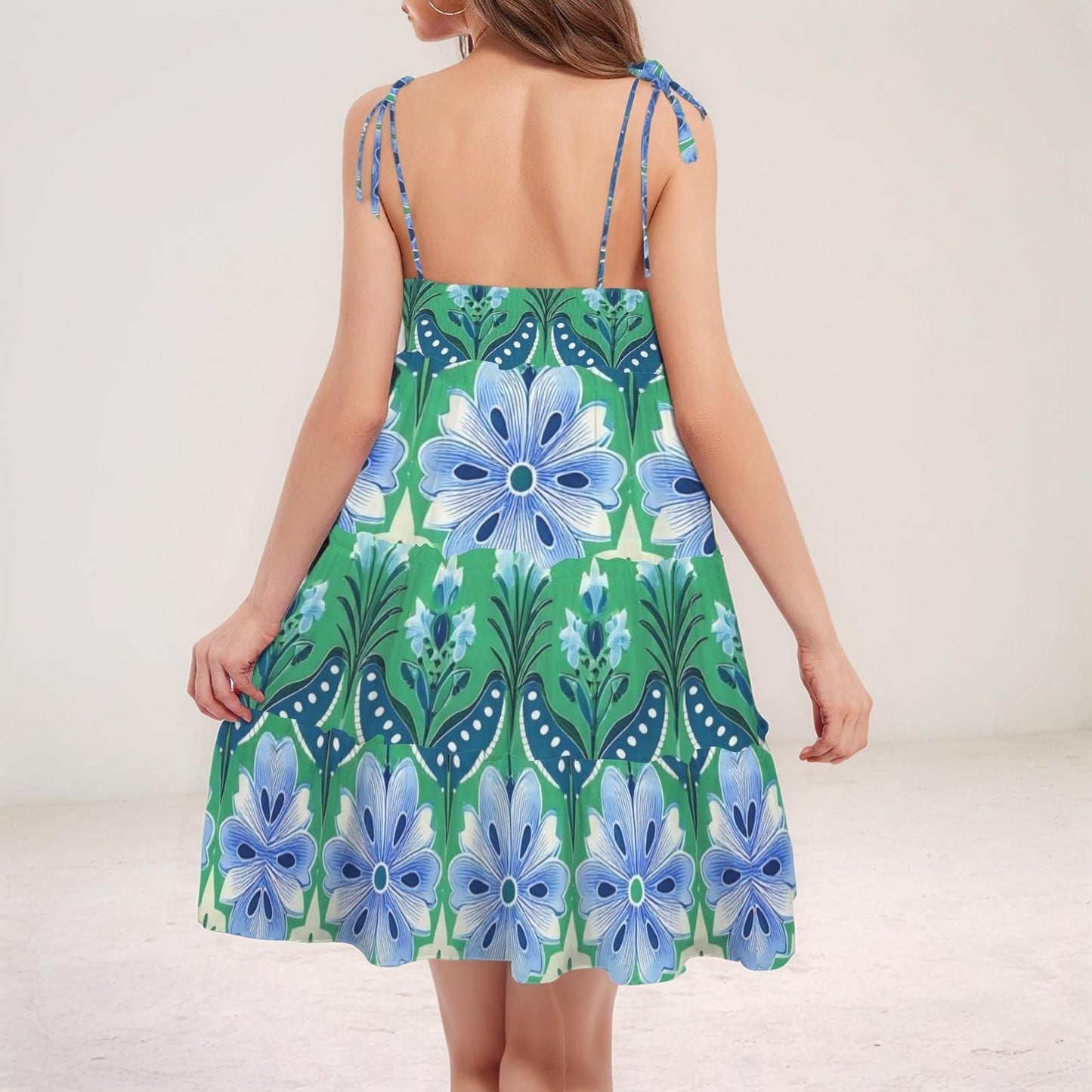 Women's Floral Spaghetti Strap Dress | Green and Blue Floral Print | Casual Summer Dress | Comfortable Sleeveless Dress for Warm Weather