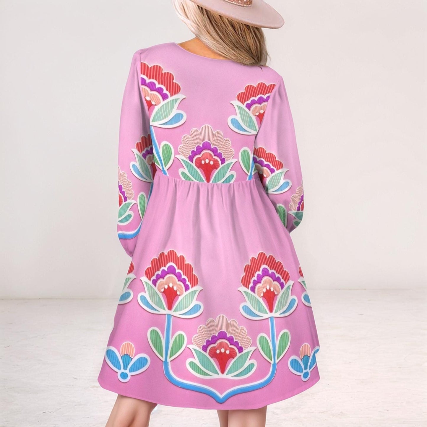 Women's Floral Long Sleeve Dress | Pink Boho Print Dress | Tie Neck Detail | Comfortable Casual Dress for Spring and Summer