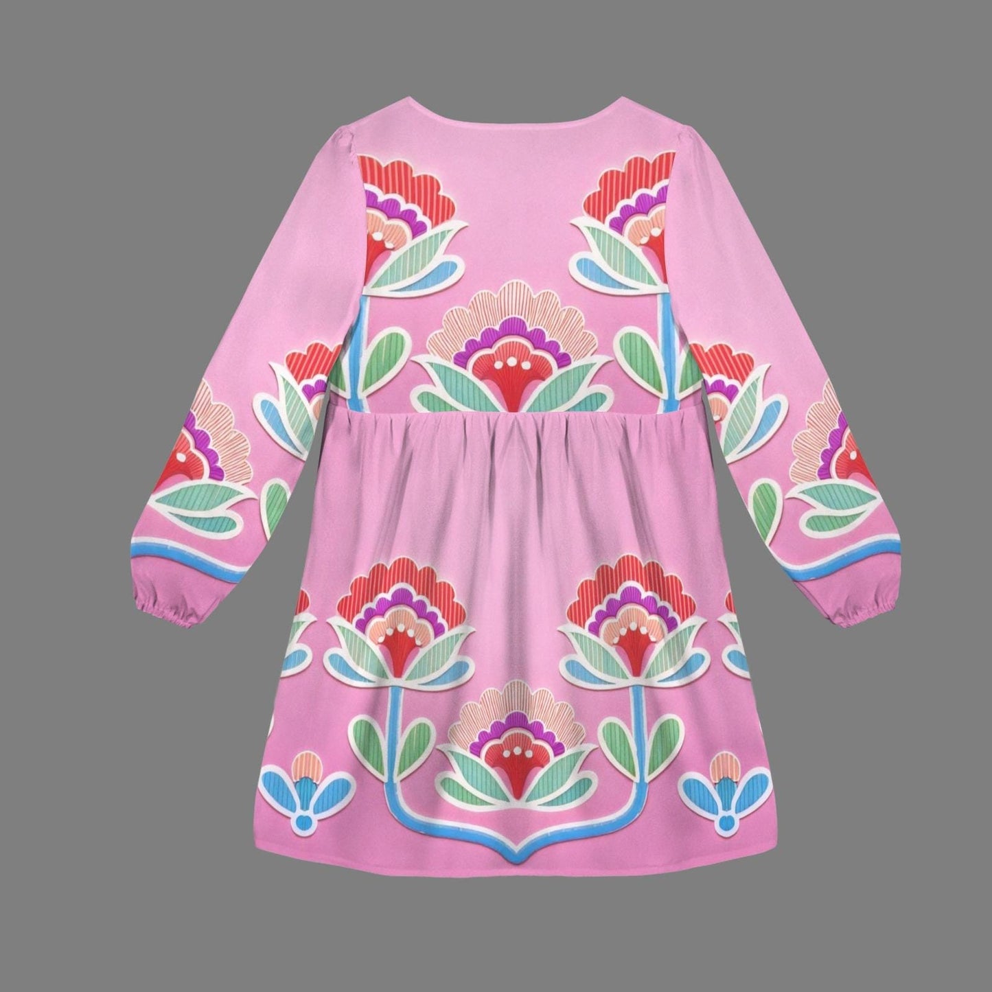 Women's Floral Long Sleeve Dress | Pink Boho Print Dress | Tie Neck Detail | Comfortable Casual Dress for Spring and Summer
