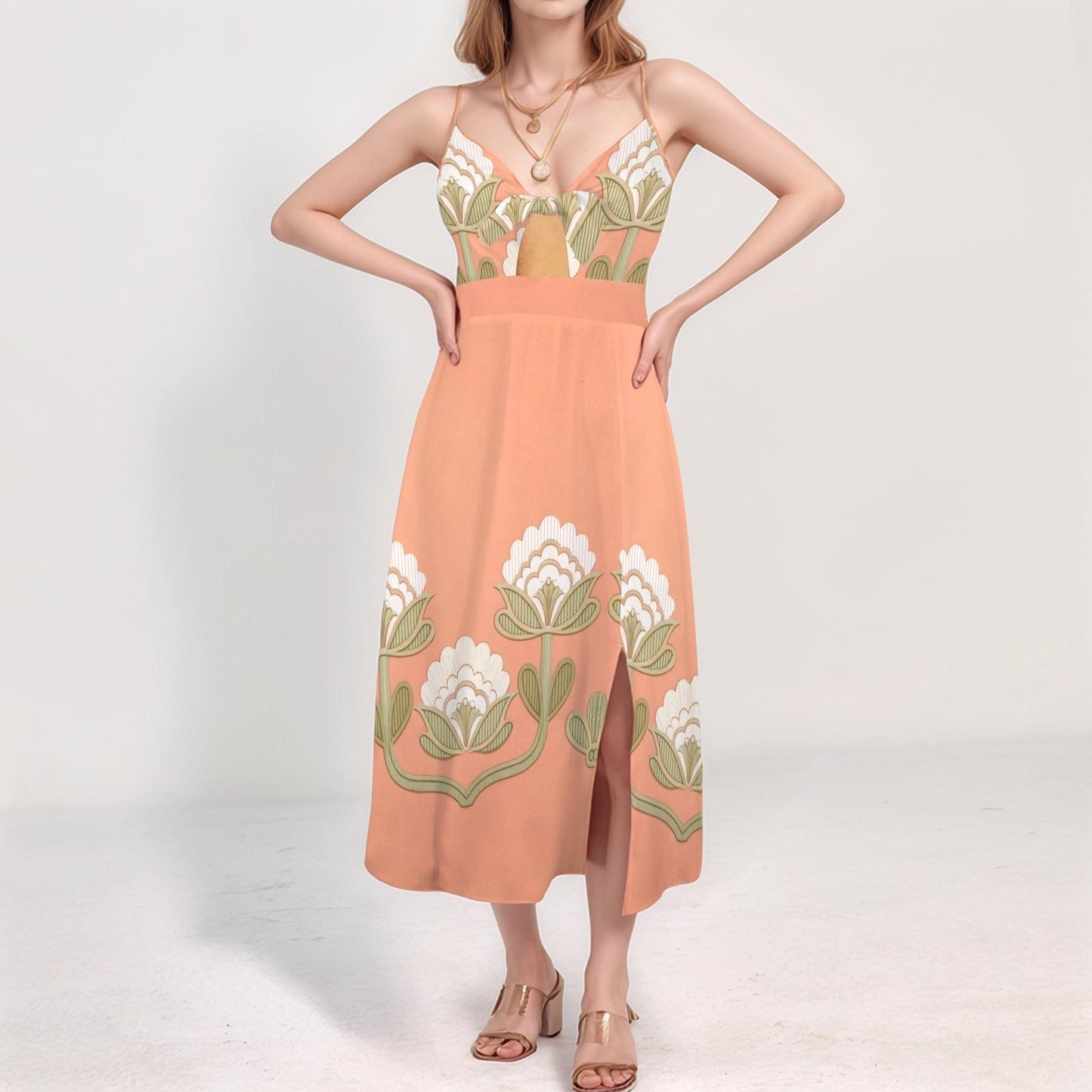 Women's Floral Spaghetti Strap Midi Dress | Peach Floral Print Dress | Casual Summer Dress with Side Slit | Comfortable and Stylish