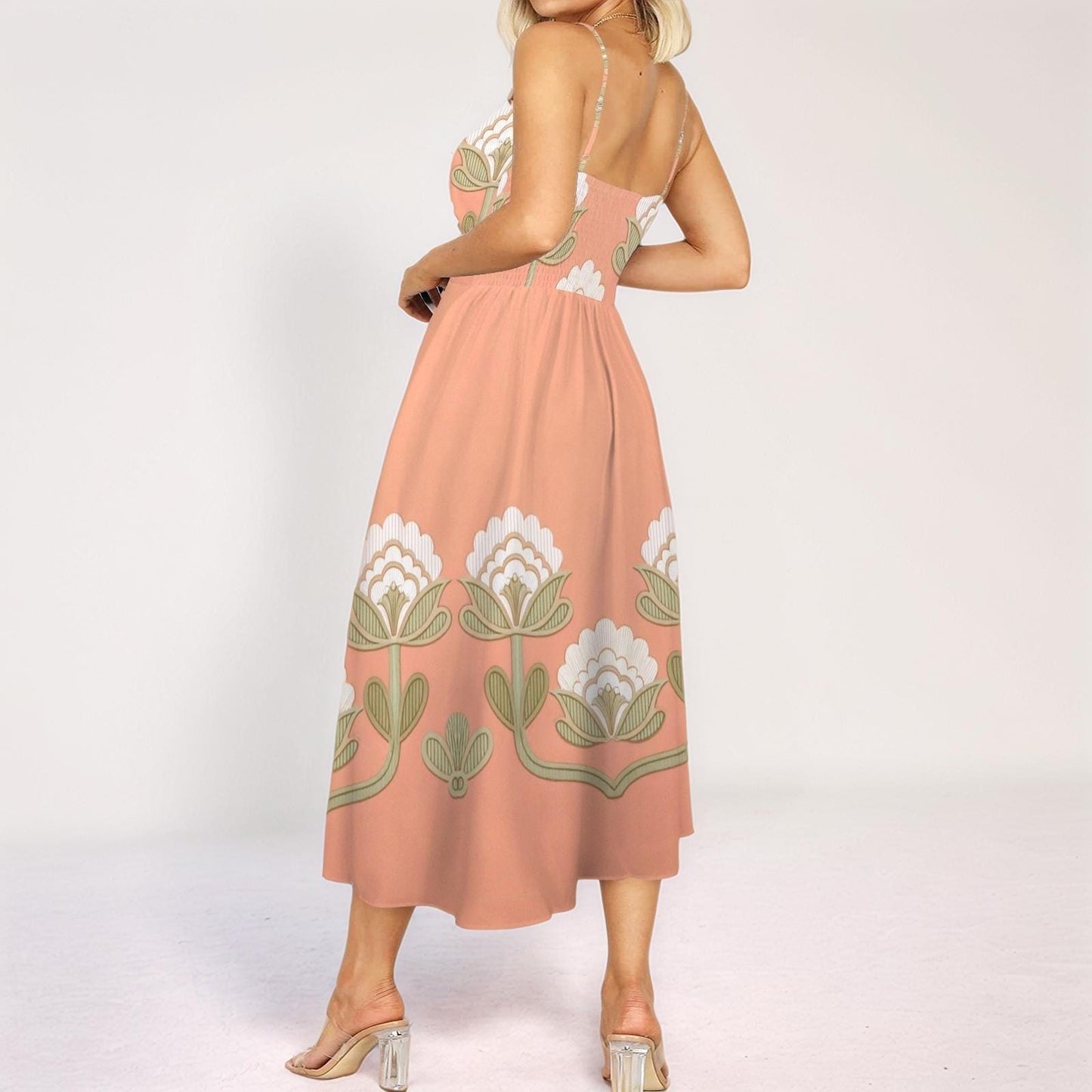 Women's Floral Spaghetti Strap Midi Dress | Peach Floral Print Dress | Casual Summer Dress with Side Slit | Comfortable and Stylish