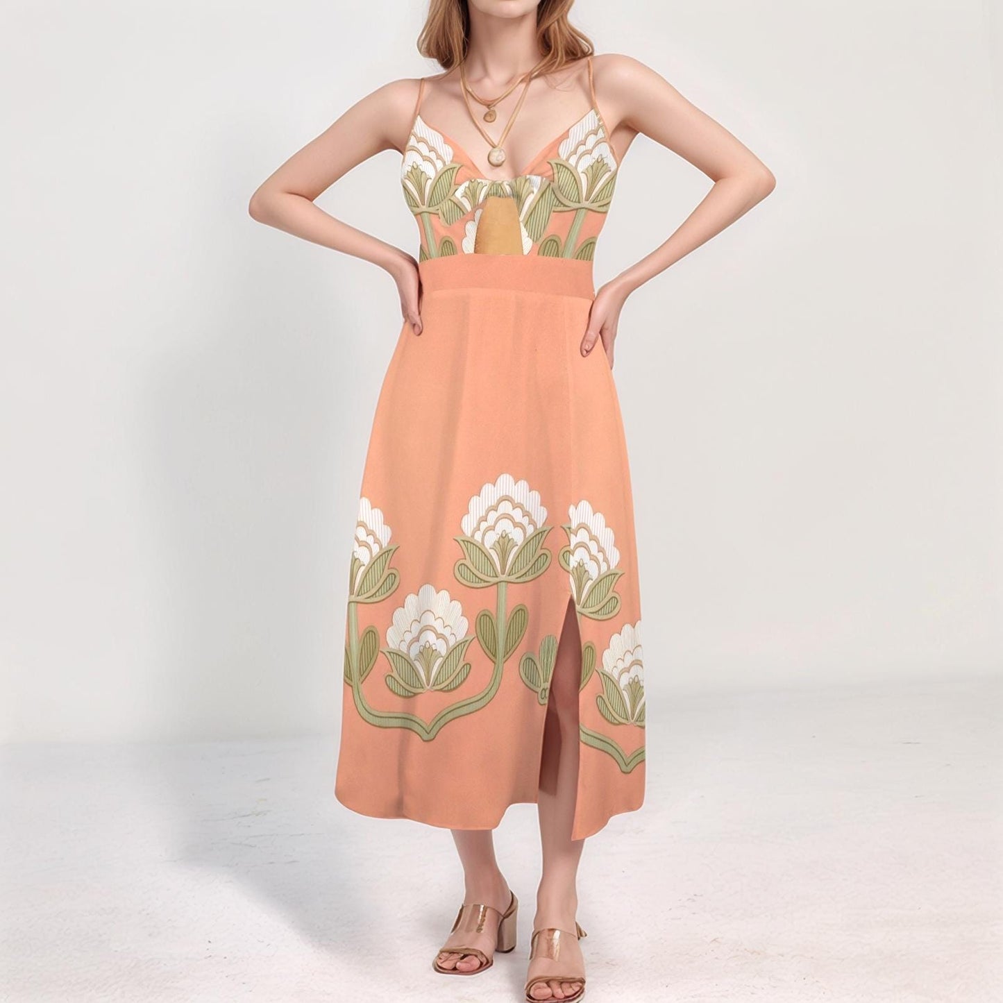 Women's Floral Spaghetti Strap Midi Dress | Peach Floral Print Dress | Casual Summer Dress with Side Slit | Comfortable and Stylish