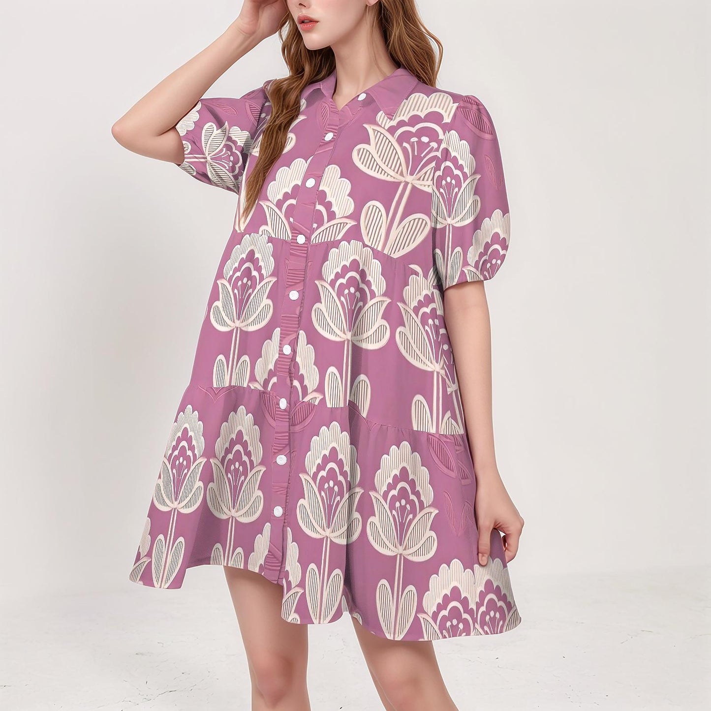 Women's Floral Button-Down Dress | Puff Sleeve Pink Floral Dress | Casual Summer Dress | Comfortable and Stylish for Every Day