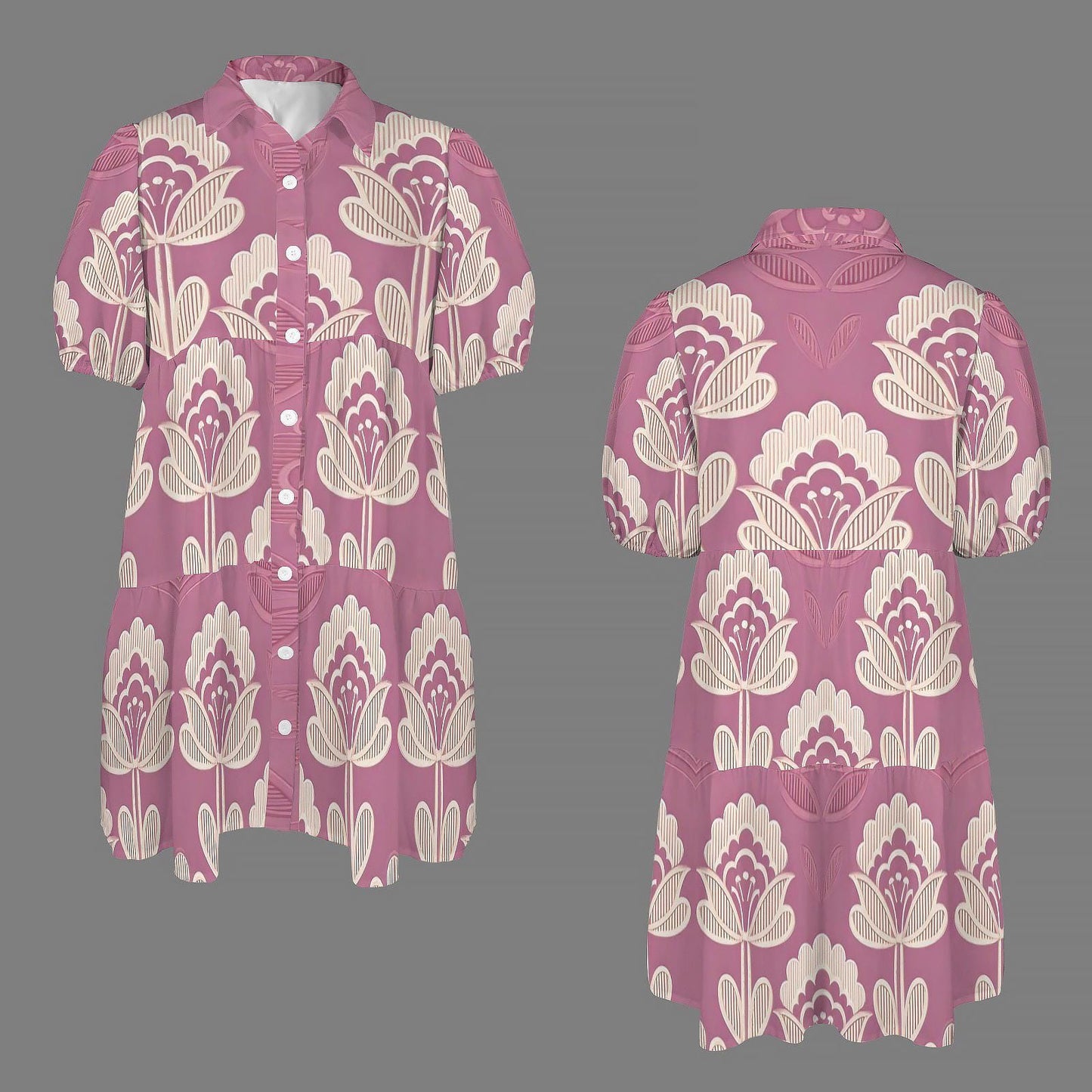 Women's Floral Button-Down Dress | Puff Sleeve Pink Floral Dress | Casual Summer Dress | Comfortable and Stylish for Every Day