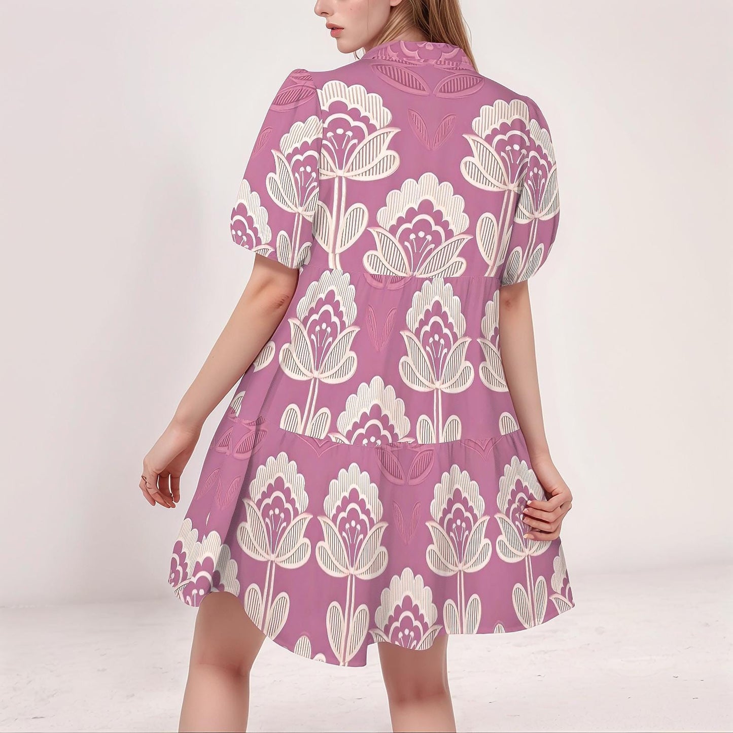 Women's Floral Button-Down Dress | Puff Sleeve Pink Floral Dress | Casual Summer Dress | Comfortable and Stylish for Every Day