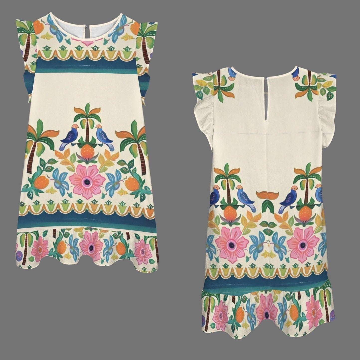 Women's Floral Ruffle Sleeve Dress | Tropical Floral Print Dress | Short Sleeve Dress with Birds and Flowers | Casual Summer Dress