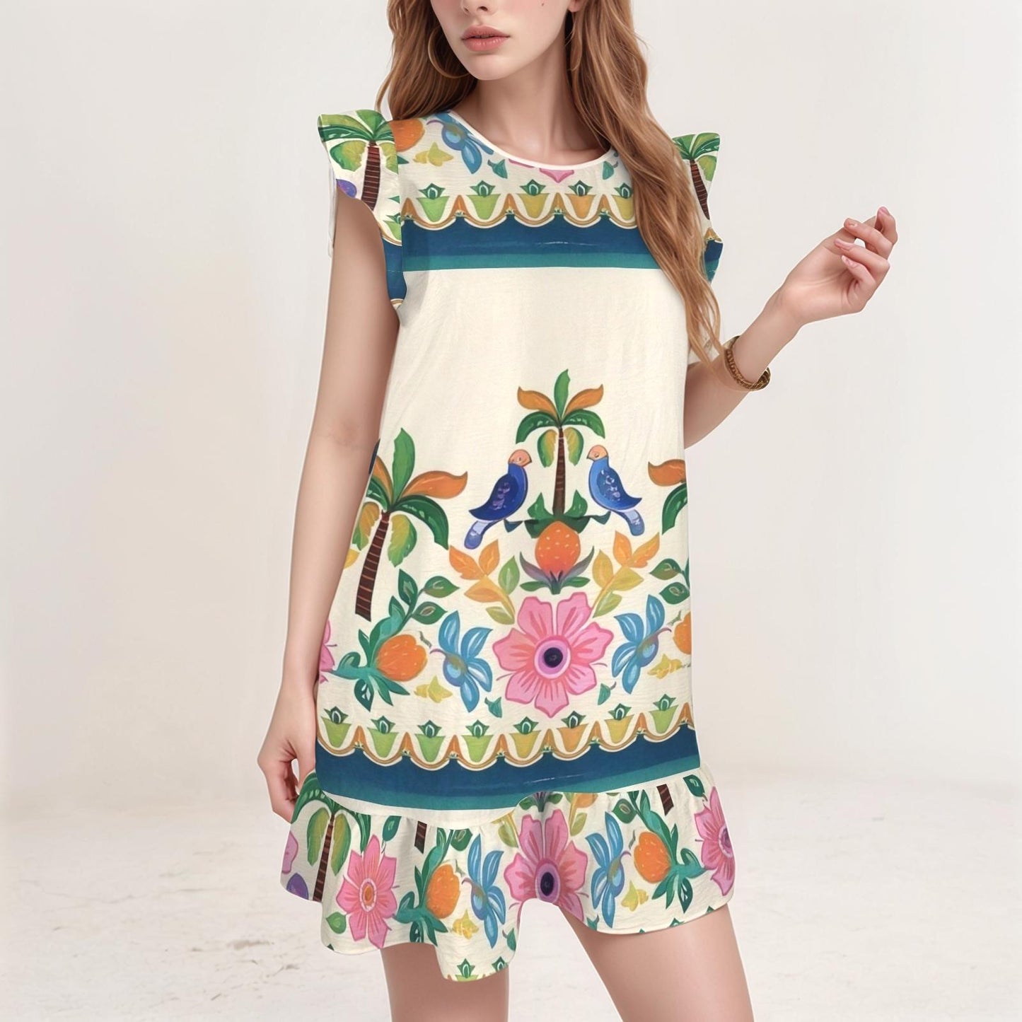 Women's Floral Ruffle Sleeve Dress | Tropical Floral Print Dress | Short Sleeve Dress with Birds and Flowers | Casual Summer Dress