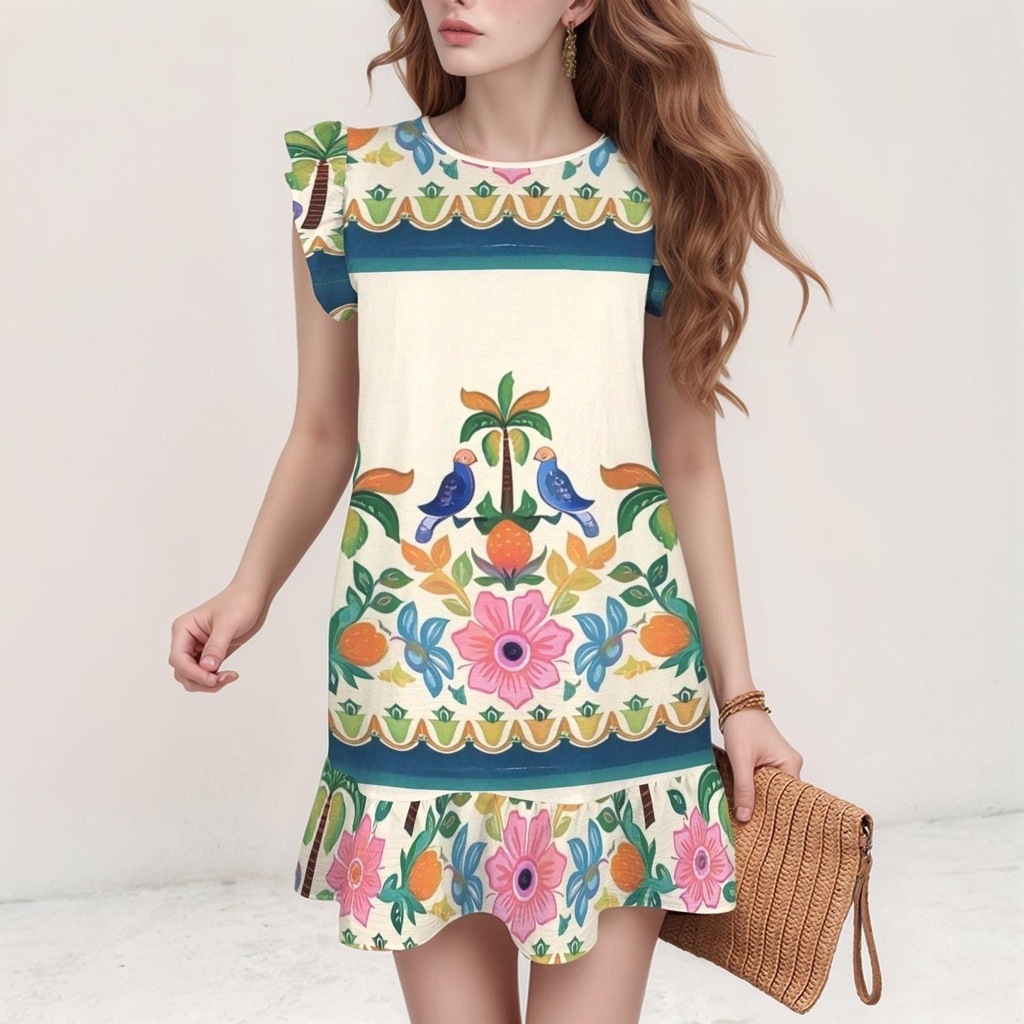 Women's Floral Ruffle Sleeve Dress | Tropical Floral Print Dress | Short Sleeve Dress with Birds and Flowers | Casual Summer Dress