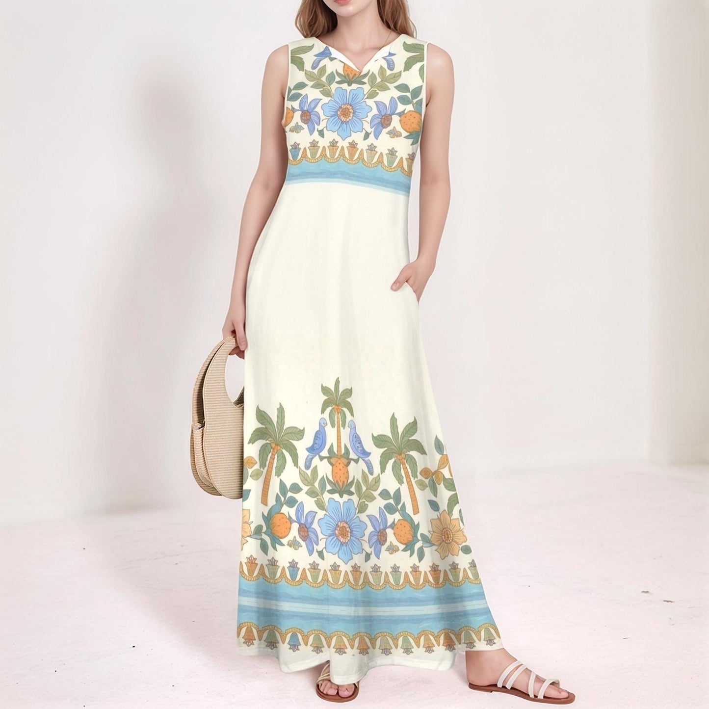 Women's Floral V-Neck Maxi Dress | Tropical Floral Print Dress | Sleeveless Summer Dress | Comfortable and Stylish for Casual Wear