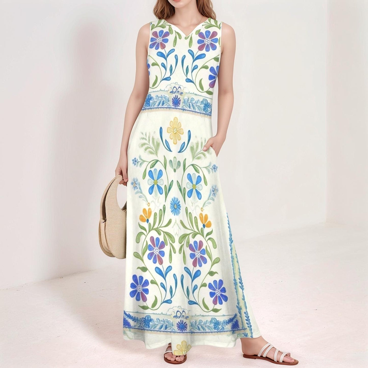 Women's Floral V-Neck Maxi Dress | Vibrant Floral Print Dress | Sleeveless Summer Dress | Comfortable and Elegant for Everyday Wear