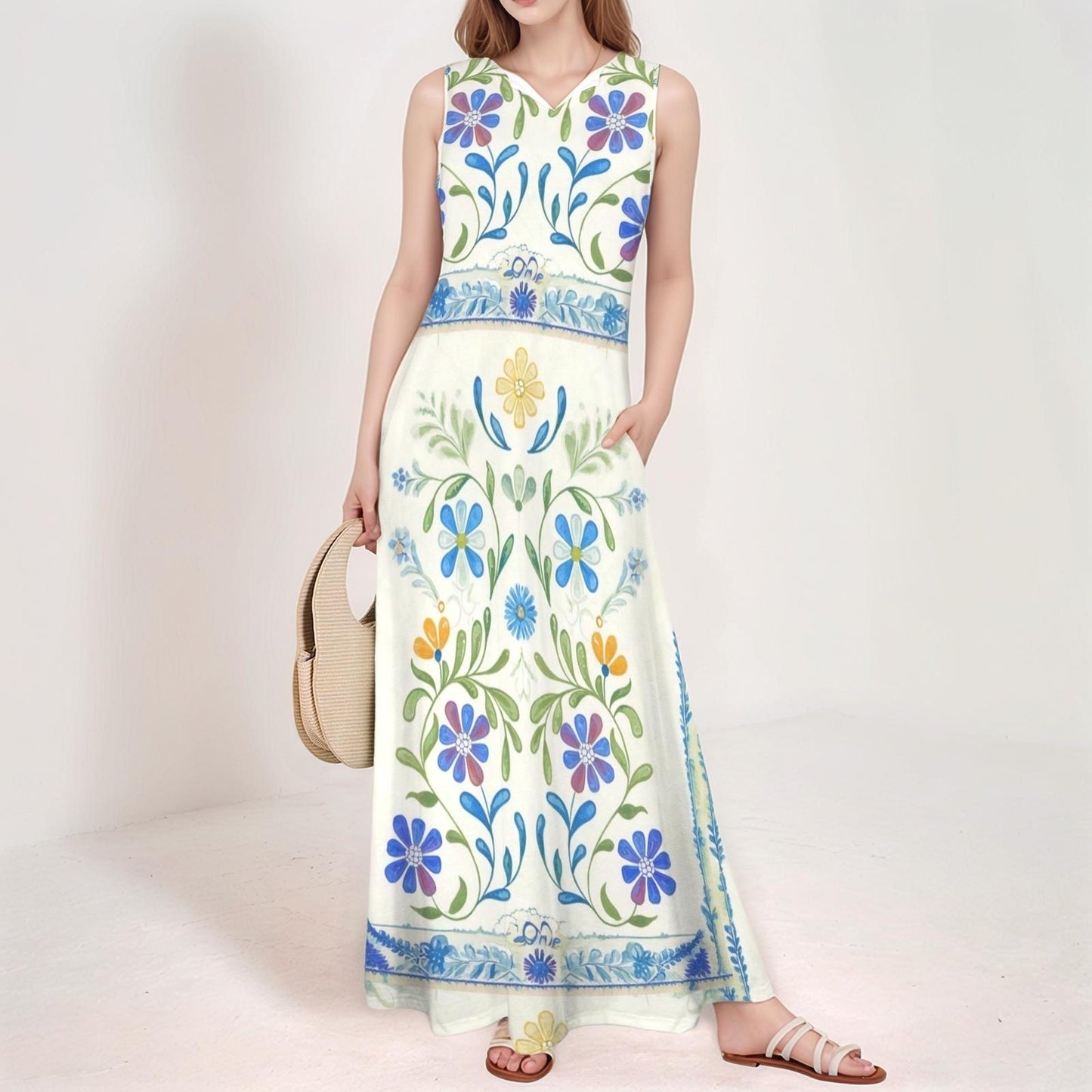 Women's Floral V-Neck Maxi Dress | Vibrant Floral Print Dress | Sleeveless Summer Dress | Comfortable and Elegant for Everyday Wear