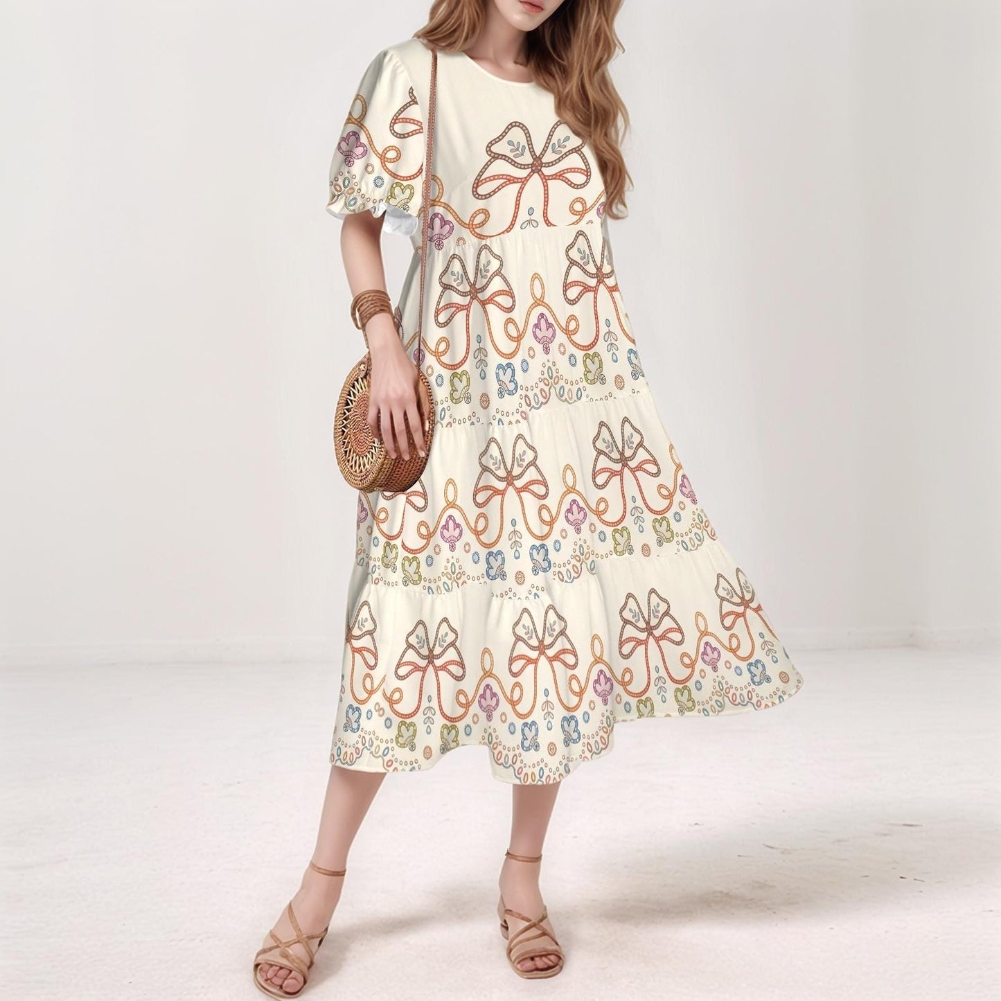 Women's Floral Ruffle Sleeve Dress | Bow Print Maxi Dress | Casual Boho Dress | Comfortable and Stylish for Every Occasion