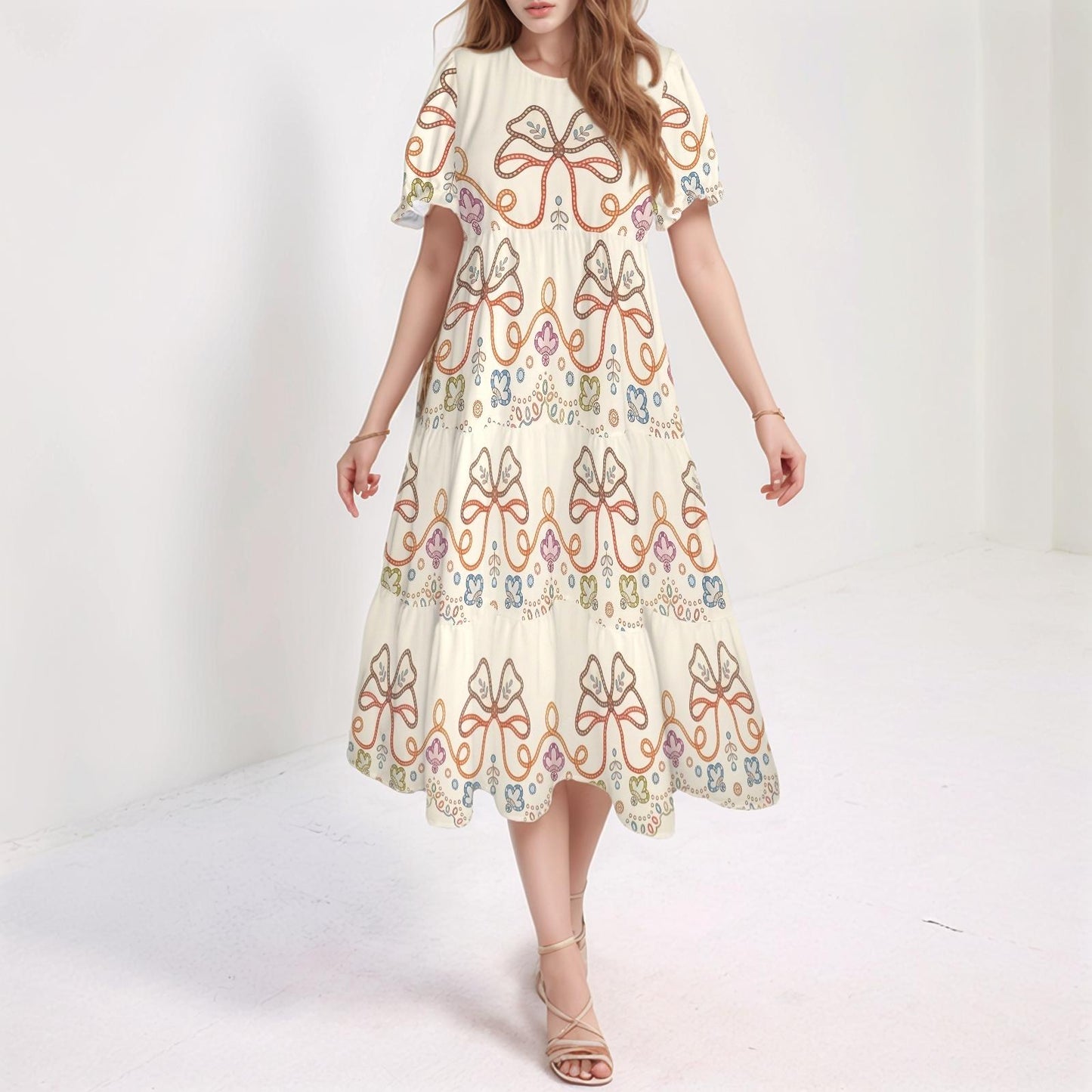 Women's Floral Ruffle Sleeve Dress | Bow Print Maxi Dress | Casual Boho Dress | Comfortable and Stylish for Every Occasion
