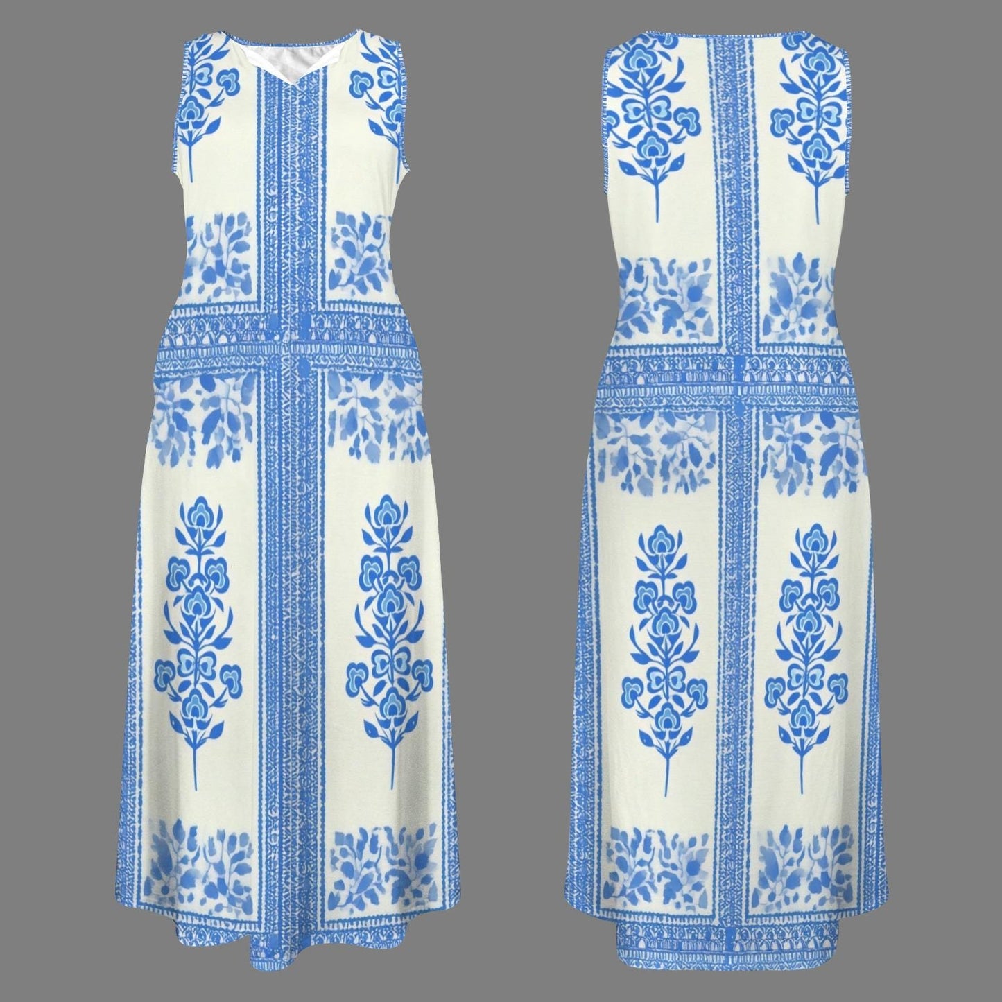 Women's Floral V-Neck Maxi Dress | Blue and White Floral Print | Sleeveless Summer Dress | Casual and Comfortable for Everyday Wear