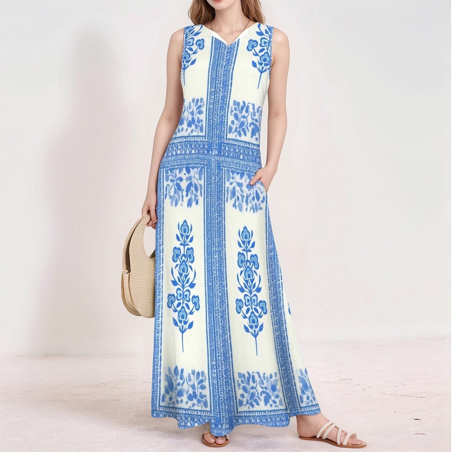 Women's Floral V-Neck Maxi Dress | Blue and White Floral Print | Sleeveless Summer Dress | Casual and Comfortable for Everyday Wear