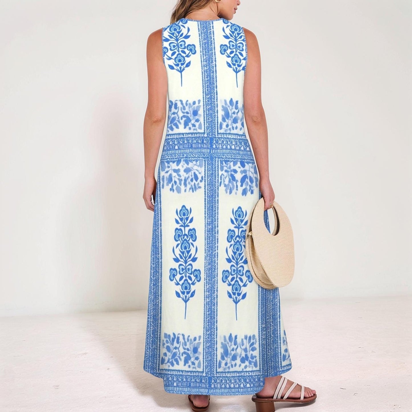 Women's Floral V-Neck Maxi Dress | Blue and White Floral Print | Sleeveless Summer Dress | Casual and Comfortable for Everyday Wear
