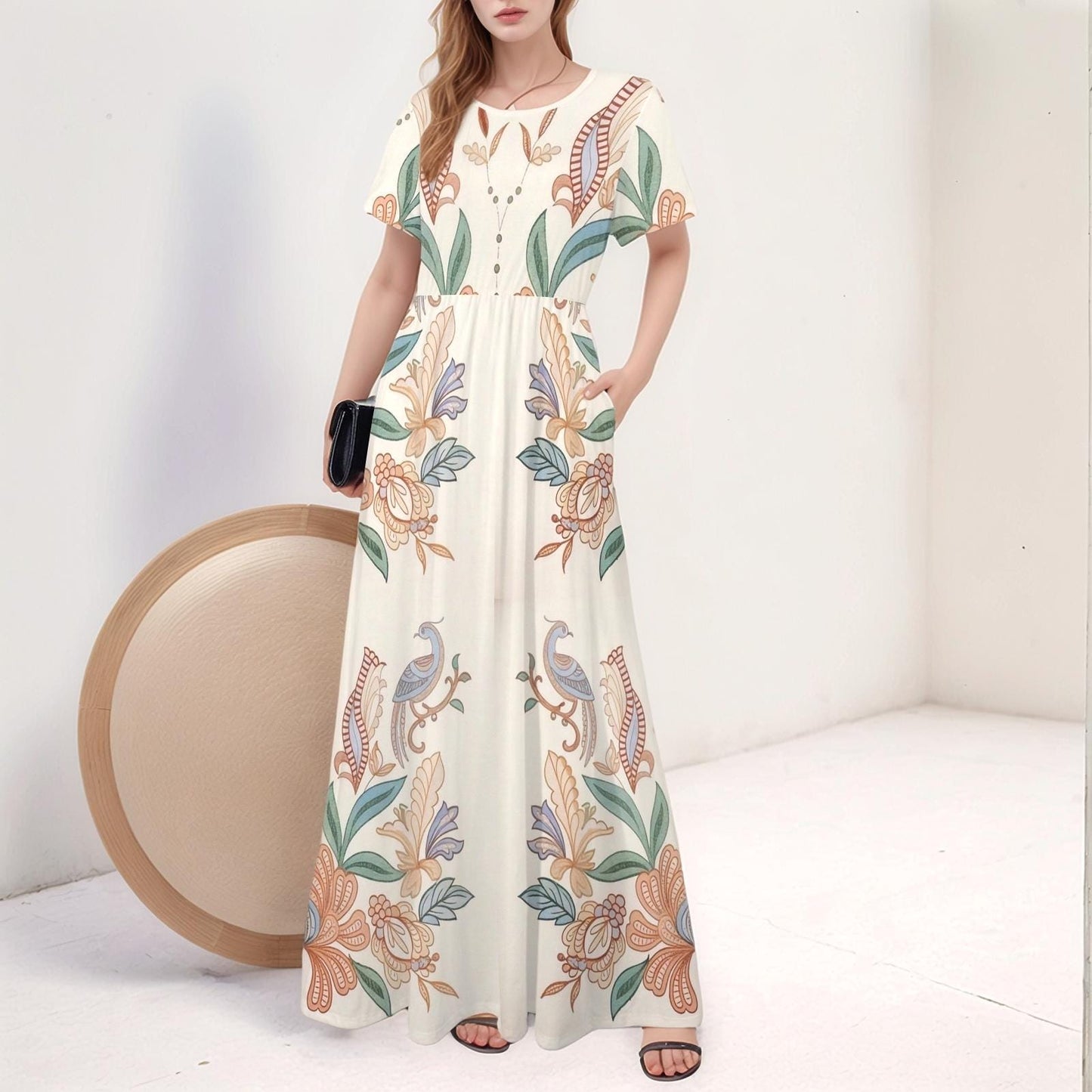 Women's Floral V-Neck Maxi Dress | Boho Bird Print Dress | Sleeveless Summer Dress with Pockets | Elegant and Comfortable