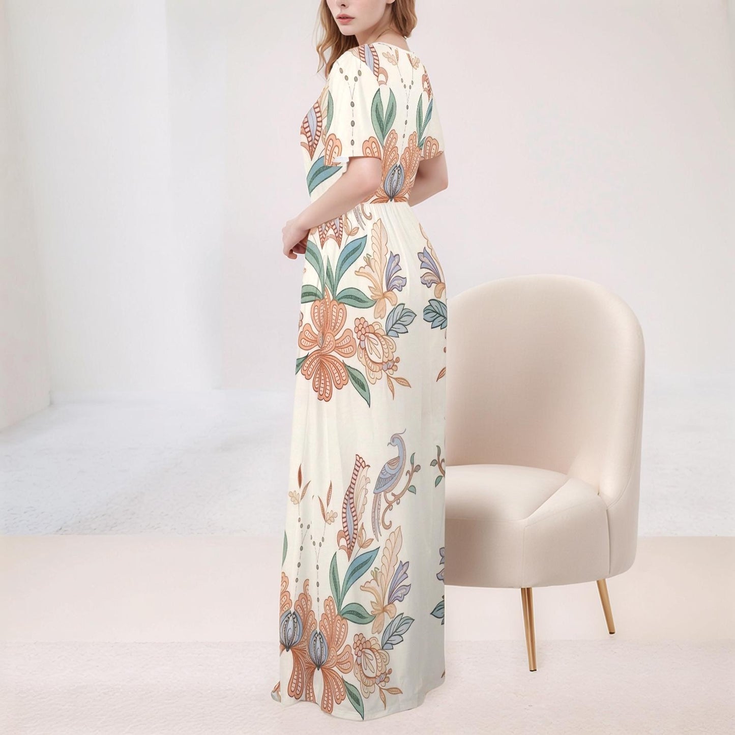 Women's Floral V-Neck Maxi Dress | Boho Bird Print Dress | Sleeveless Summer Dress with Pockets | Elegant and Comfortable
