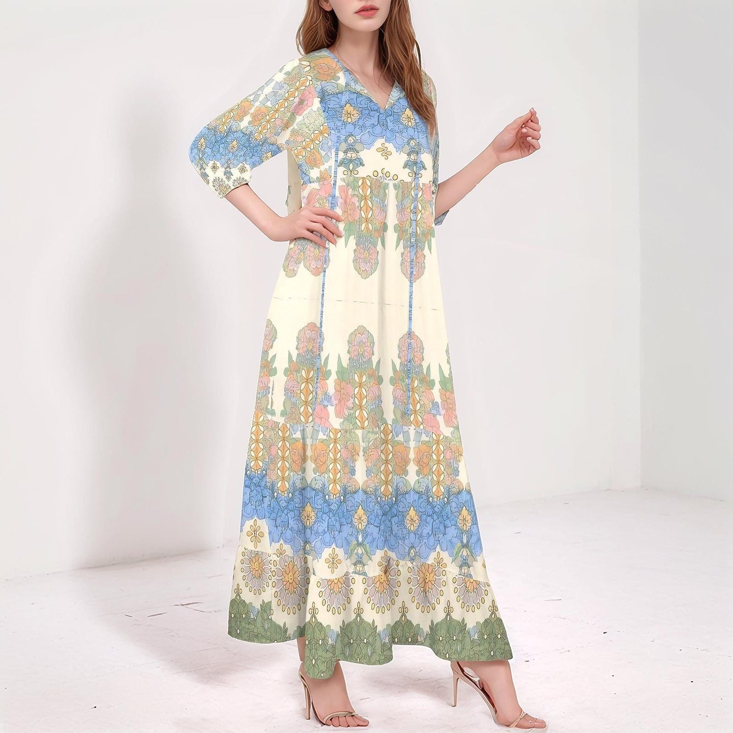 Women's Floral V-Neck Maxi Dress | Vibrant Floral Print | 3/4 Sleeve Maxi Dress | Elegant and Comfortable for Any Occasion