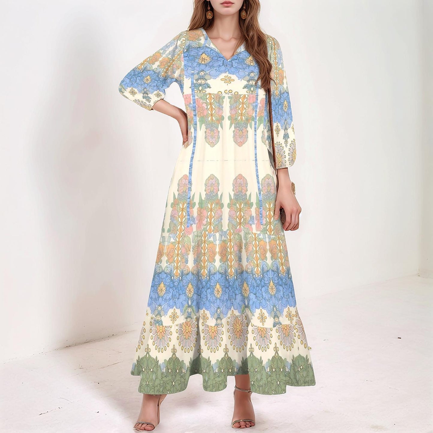 Women's Floral V-Neck Maxi Dress | Vibrant Floral Print | 3/4 Sleeve Maxi Dress | Elegant and Comfortable for Any Occasion