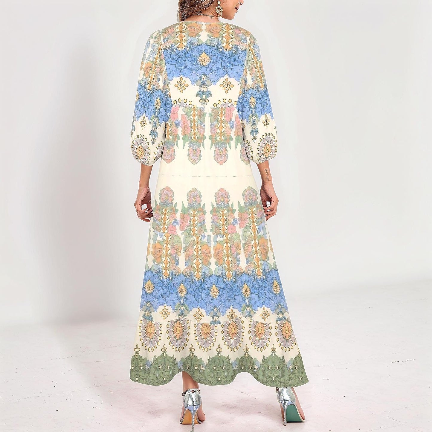 Women's Floral V-Neck Maxi Dress | Vibrant Floral Print | 3/4 Sleeve Maxi Dress | Elegant and Comfortable for Any Occasion