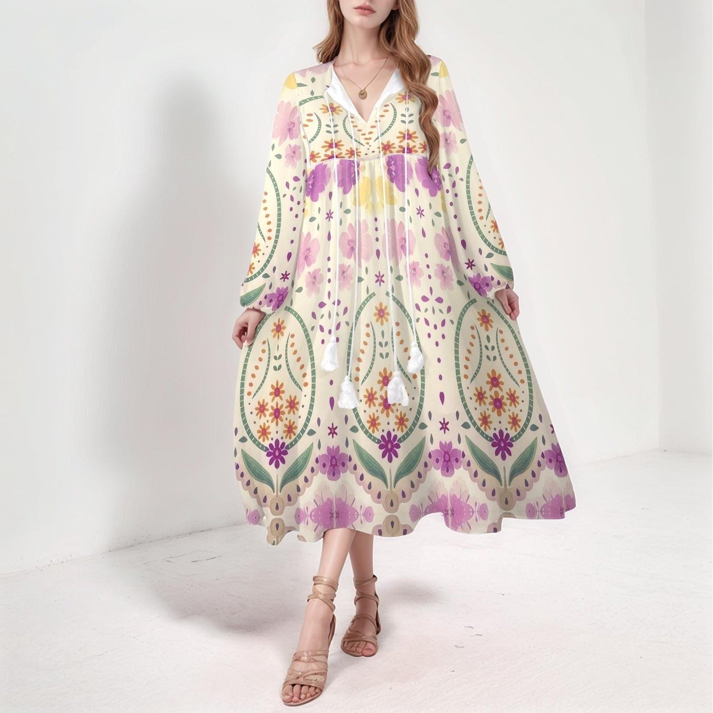Women's Boho Floral Maxi Dress | V-Neckline with Tassel Detail | Long Sleeve Floral Dress | Elegant Summer Style