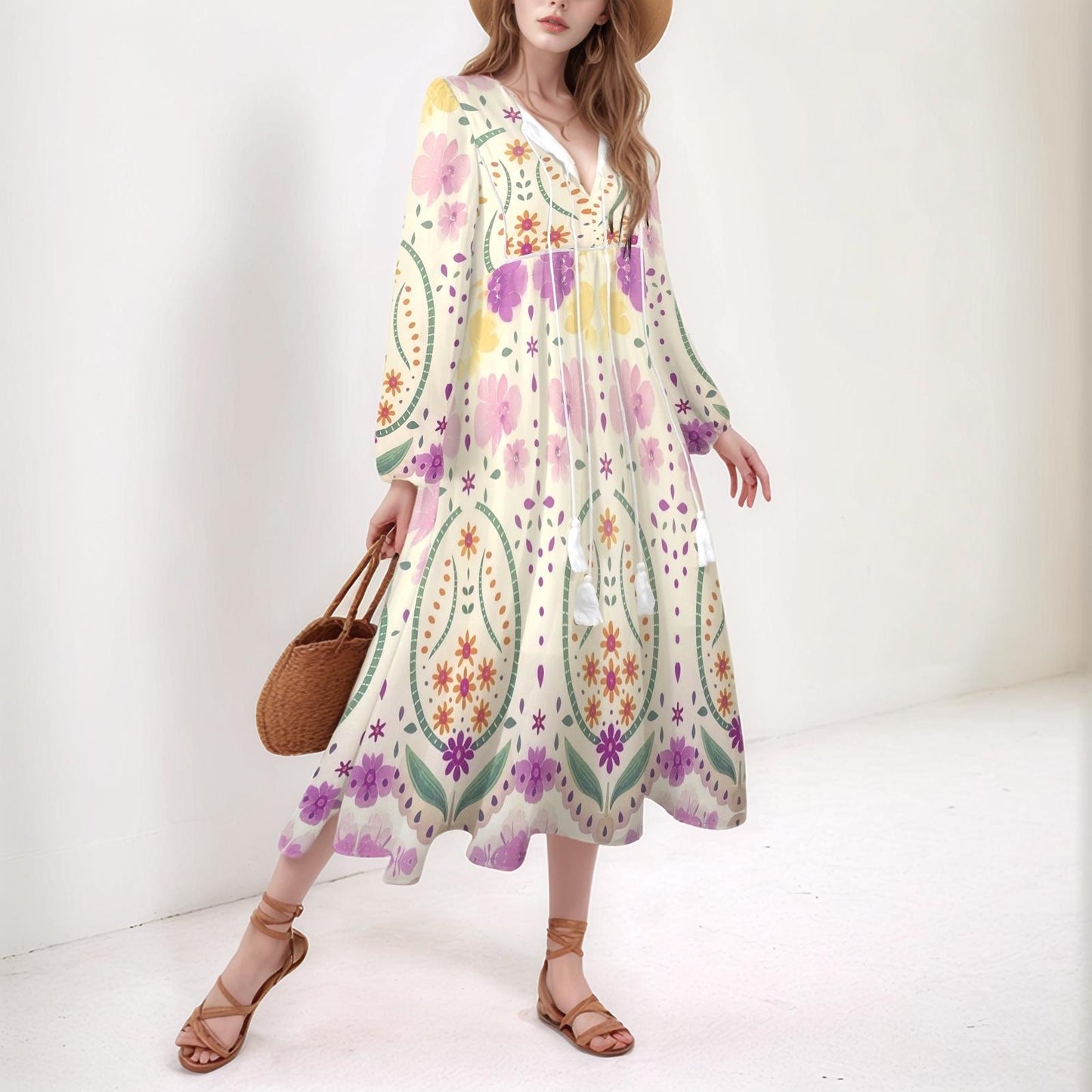 Women's Boho Floral Maxi Dress | V-Neckline with Tassel Detail | Long Sleeve Floral Dress | Elegant Summer Style