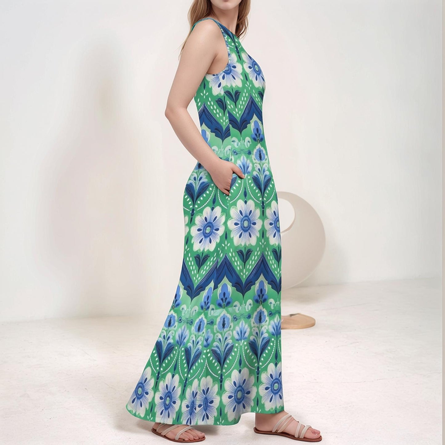 Floral Boho Maxi Dress with Pockets Sleeveless V-Neck Design, Relaxed Fit, Elegant and Comfortable