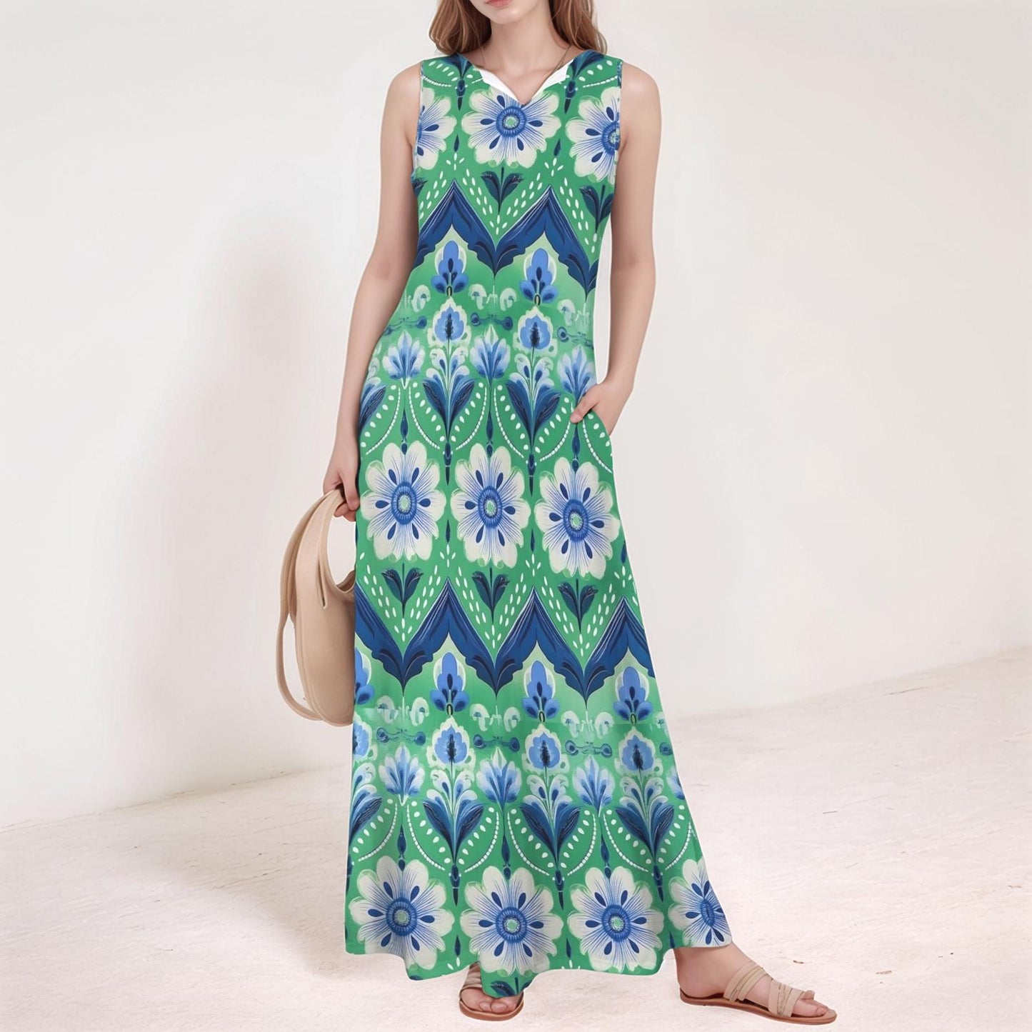 Floral Boho Maxi Dress with Pockets Sleeveless V-Neck Design, Relaxed Fit, Elegant and Comfortable