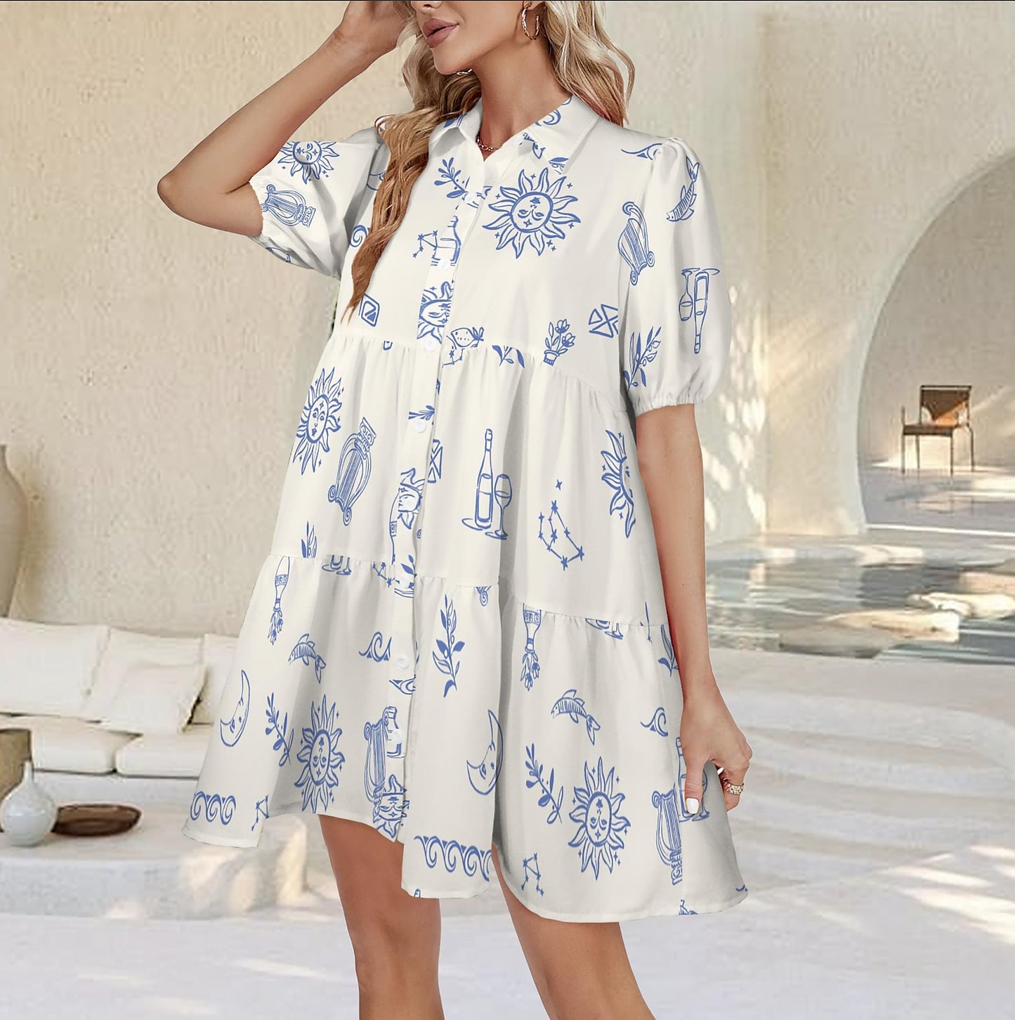 Puff Sleeve Tiered Button Down Casual Shirt Dress