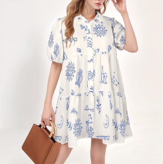 Puff Sleeve Tiered Button Down Casual Shirt Dress