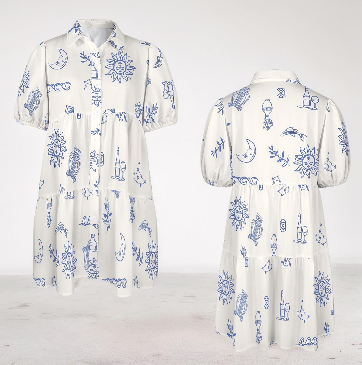 Puff Sleeve Tiered Button Down Casual Shirt Dress