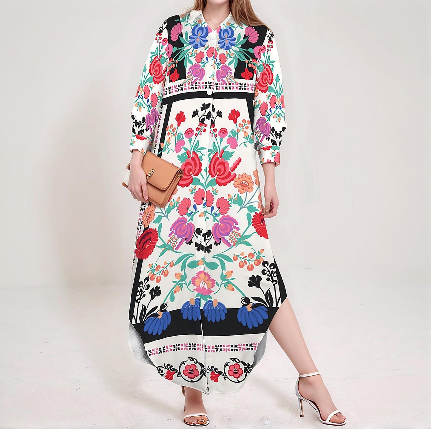 Women's Floral Long Sleeve Button Down Maxi Shirt Dress